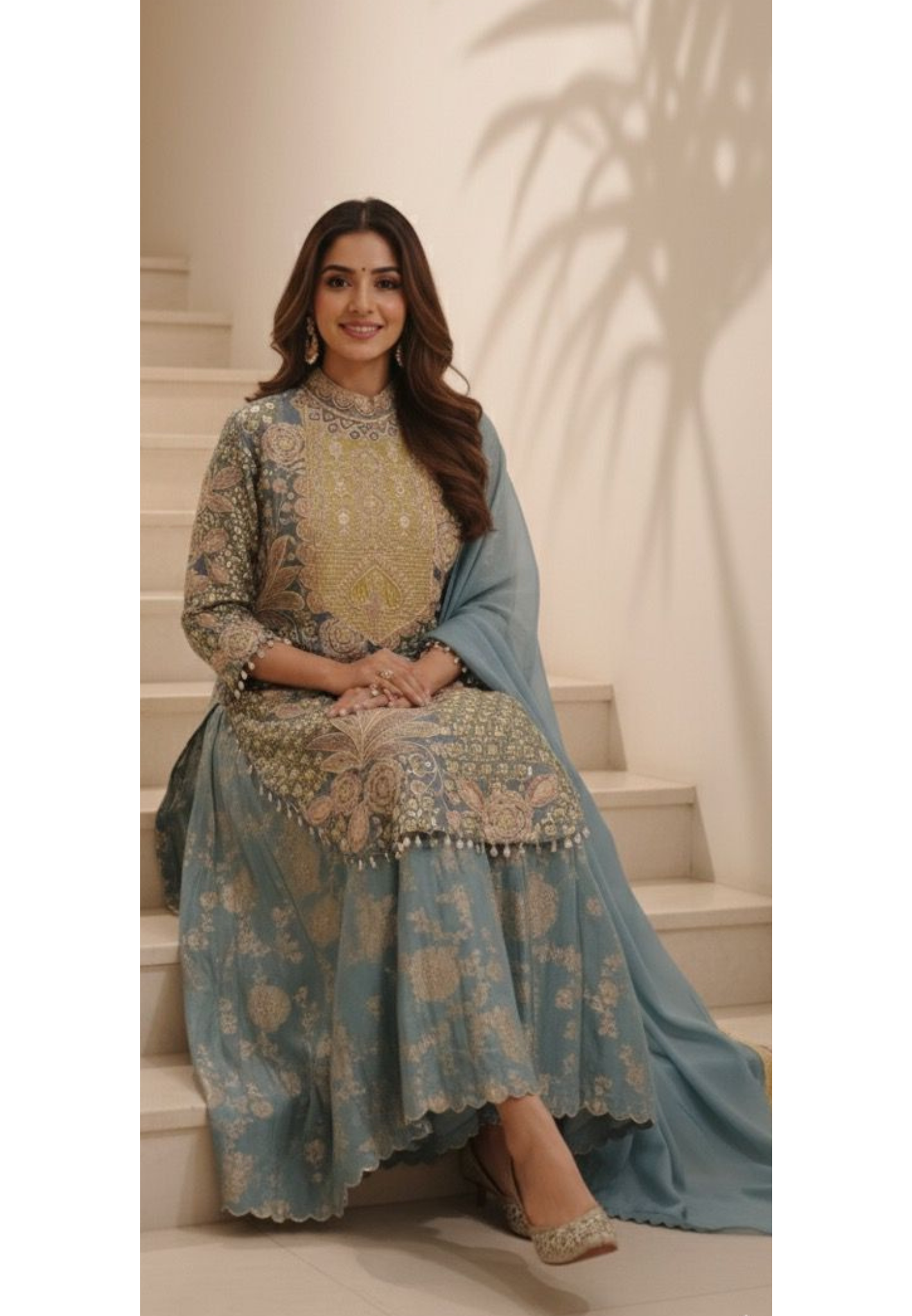 Pastel Combination Heavy Embroidered Work Tasseled Short Kurta With Brocade Panel Palazzo Bottom & Dupatta- 11744