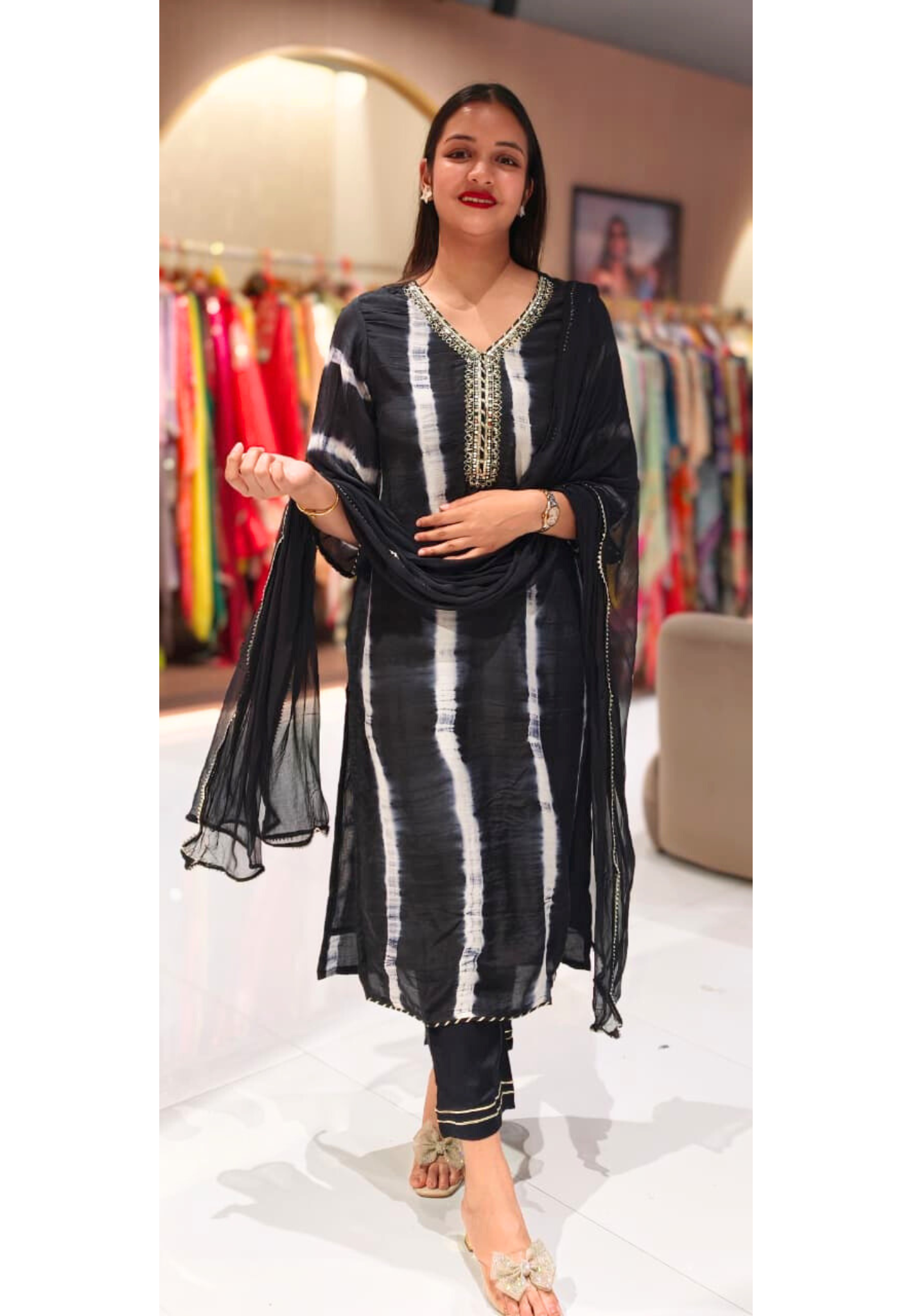 Midnight Noir Streak Printed Black & White Full Suit Set With Dupatta In Muslin Fabric- 13484