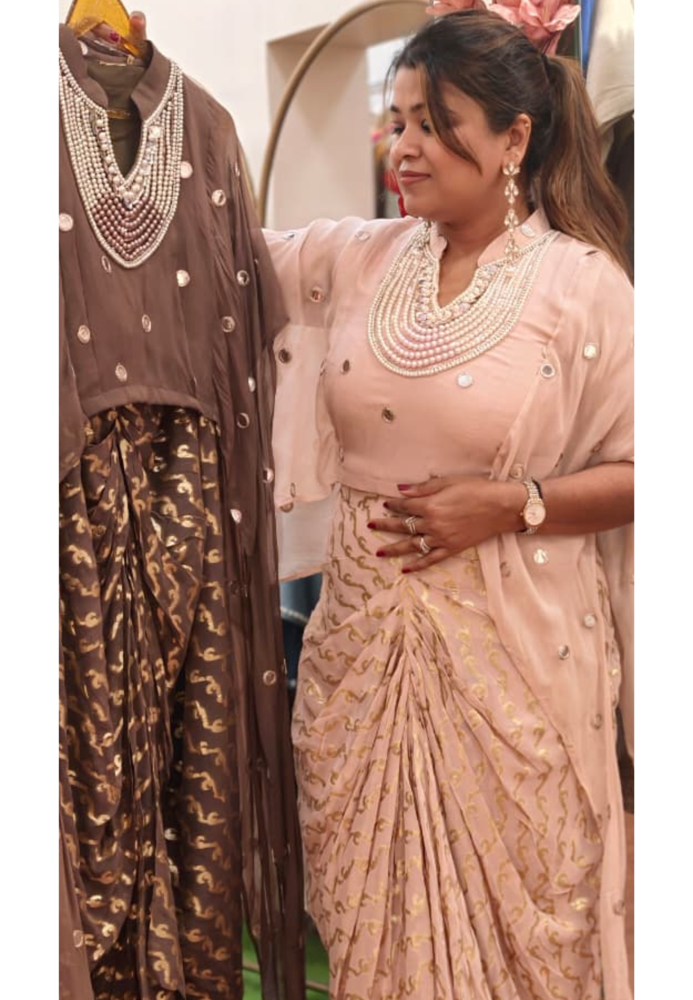 Designer Neckpiece Look Real Mirror Detailing Shrug Style Crop Top With Weavy Golden Prints Drape Dhoti Skirt -15584, 15583