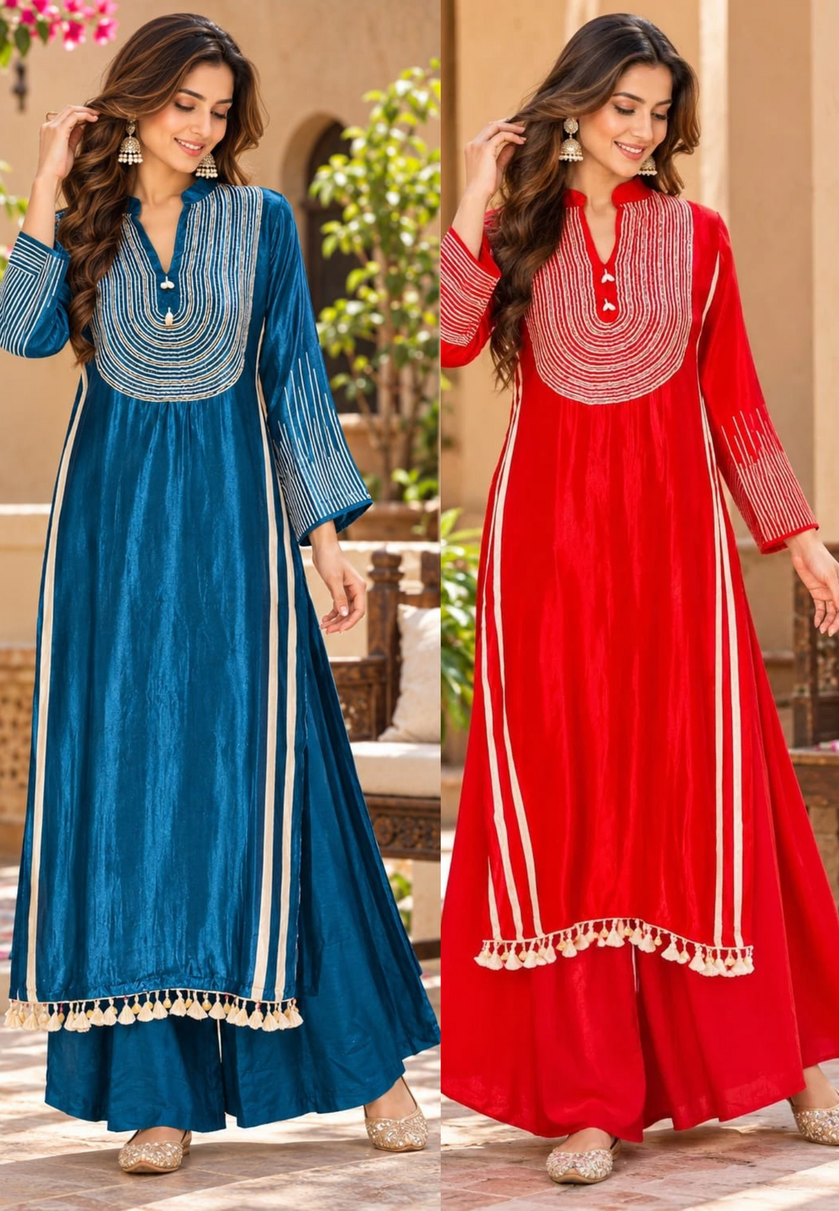Shiny Flowy Gajji Silk Striped Print High-Low Kurta Pant Set- 16683