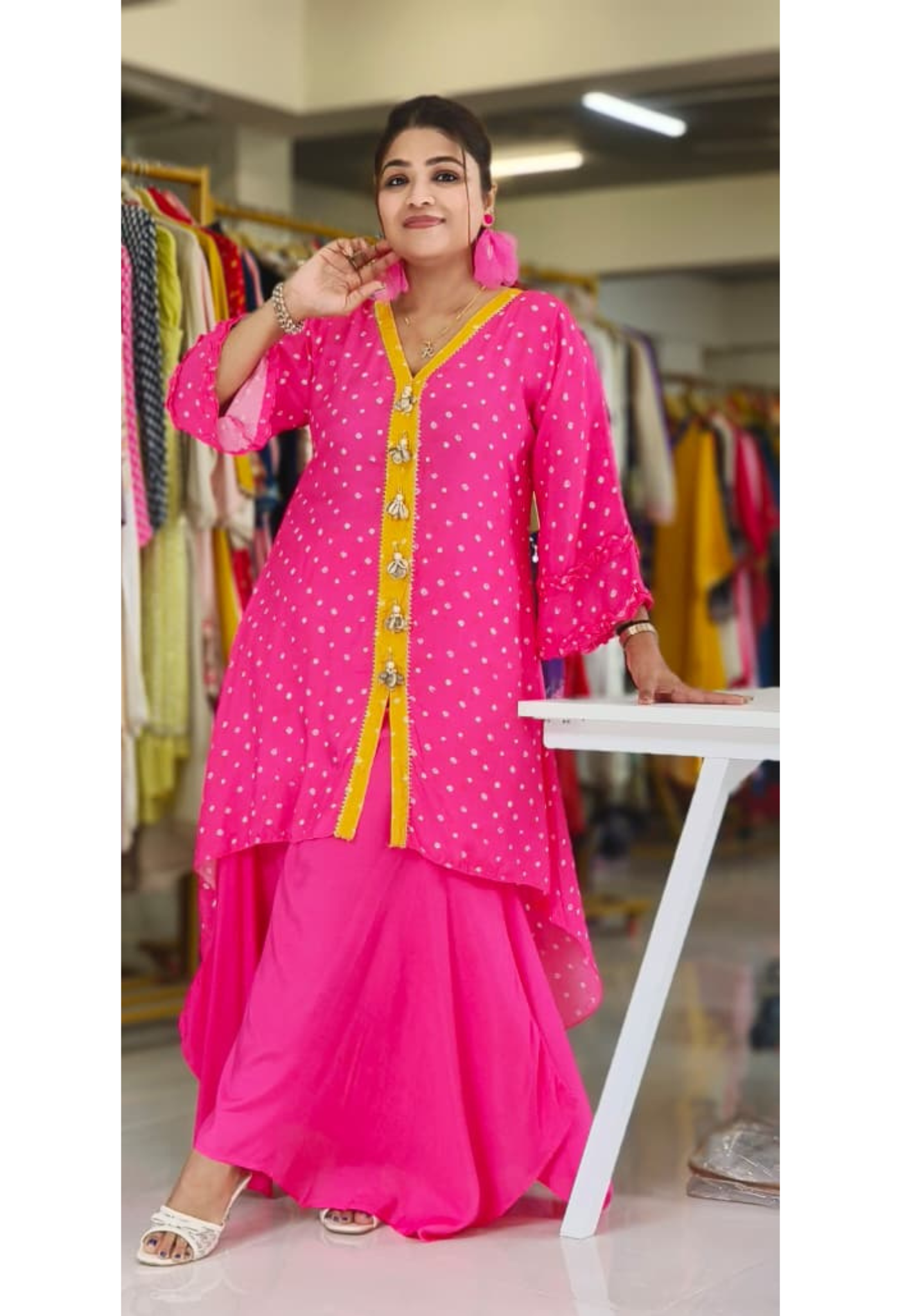 Bandhej High-Low Kurta with Yellow Placket and Handcrafted Cowrie Shell Tassels-12256,12257