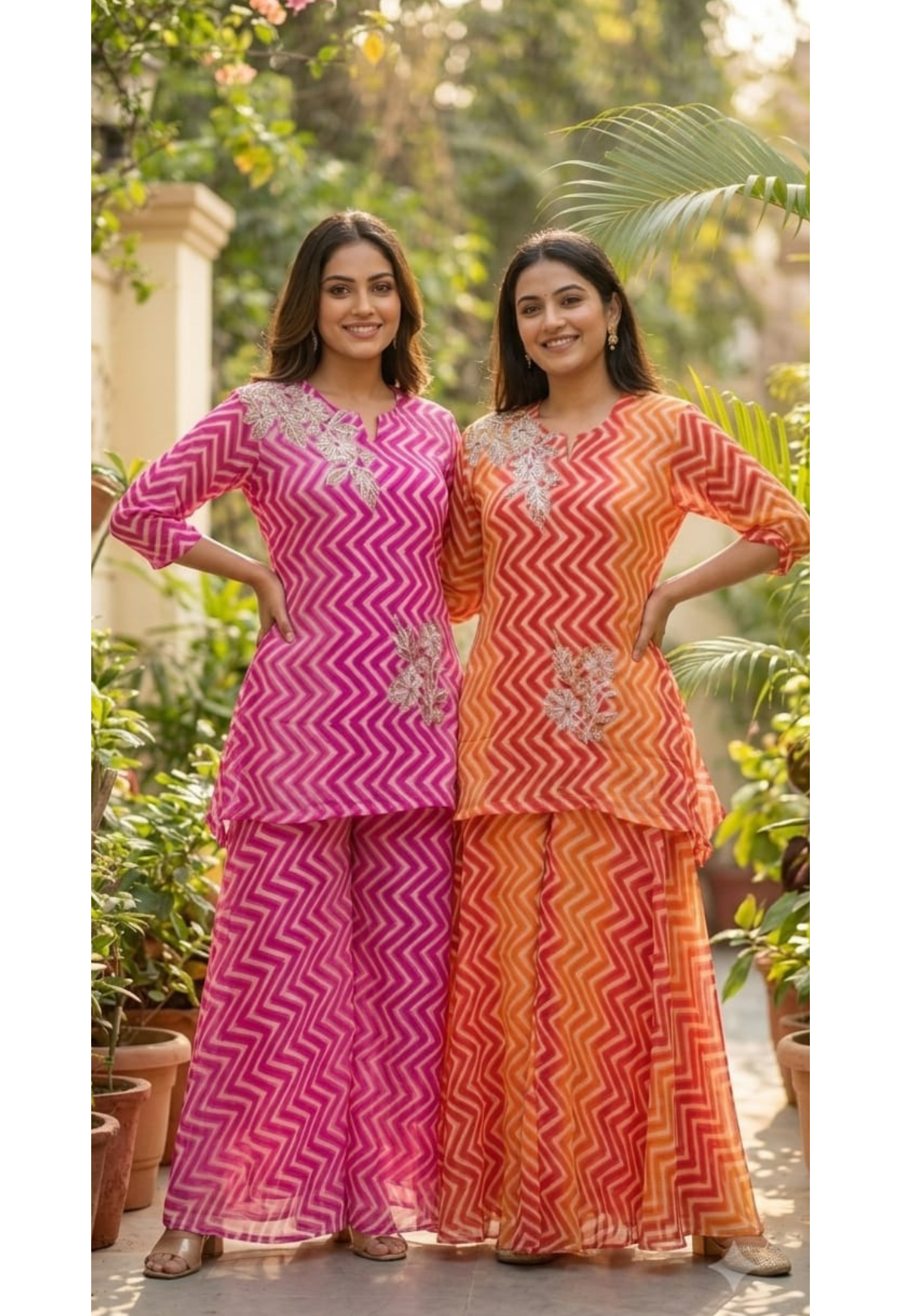 Chevron Leheriya Print Asymmetric Peplum Top & Palazzo Set with Floral Zardosi Embroidery- 15428