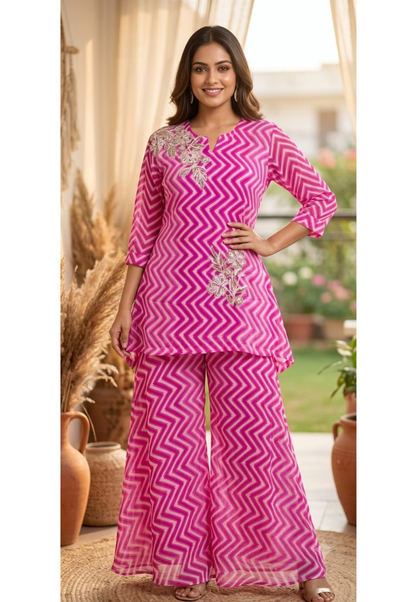 Chevron Leheriya Print Asymmetric Peplum Top & Palazzo Set with Floral Zardosi Embroidery- 15428