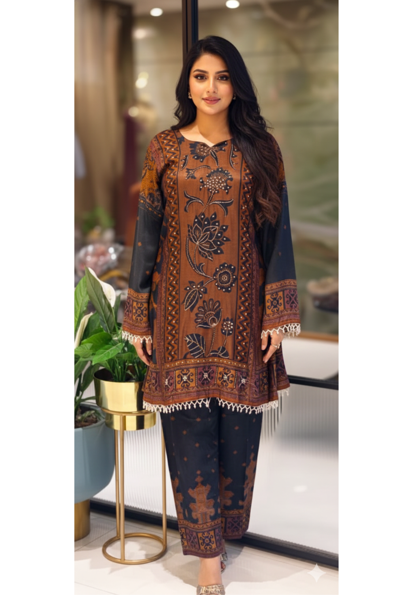 Blossom Heritage Pearl Tasseled Indo Wear Kurta Pant Set In Crepe Fabric- 13436