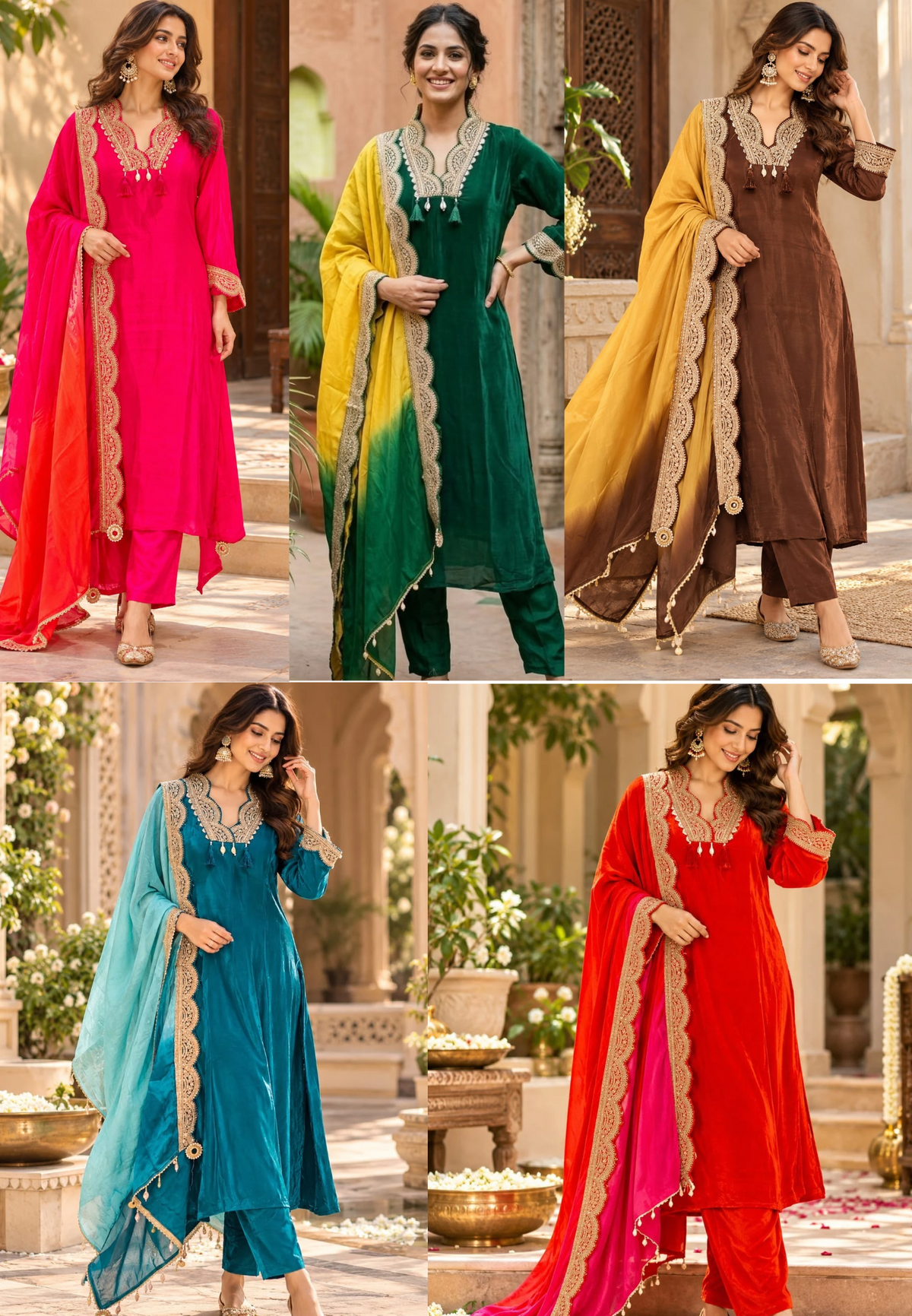 Pure crepe Broad Lace Aline solid Shade Full suit with Shaded Organza Dupatta 16996