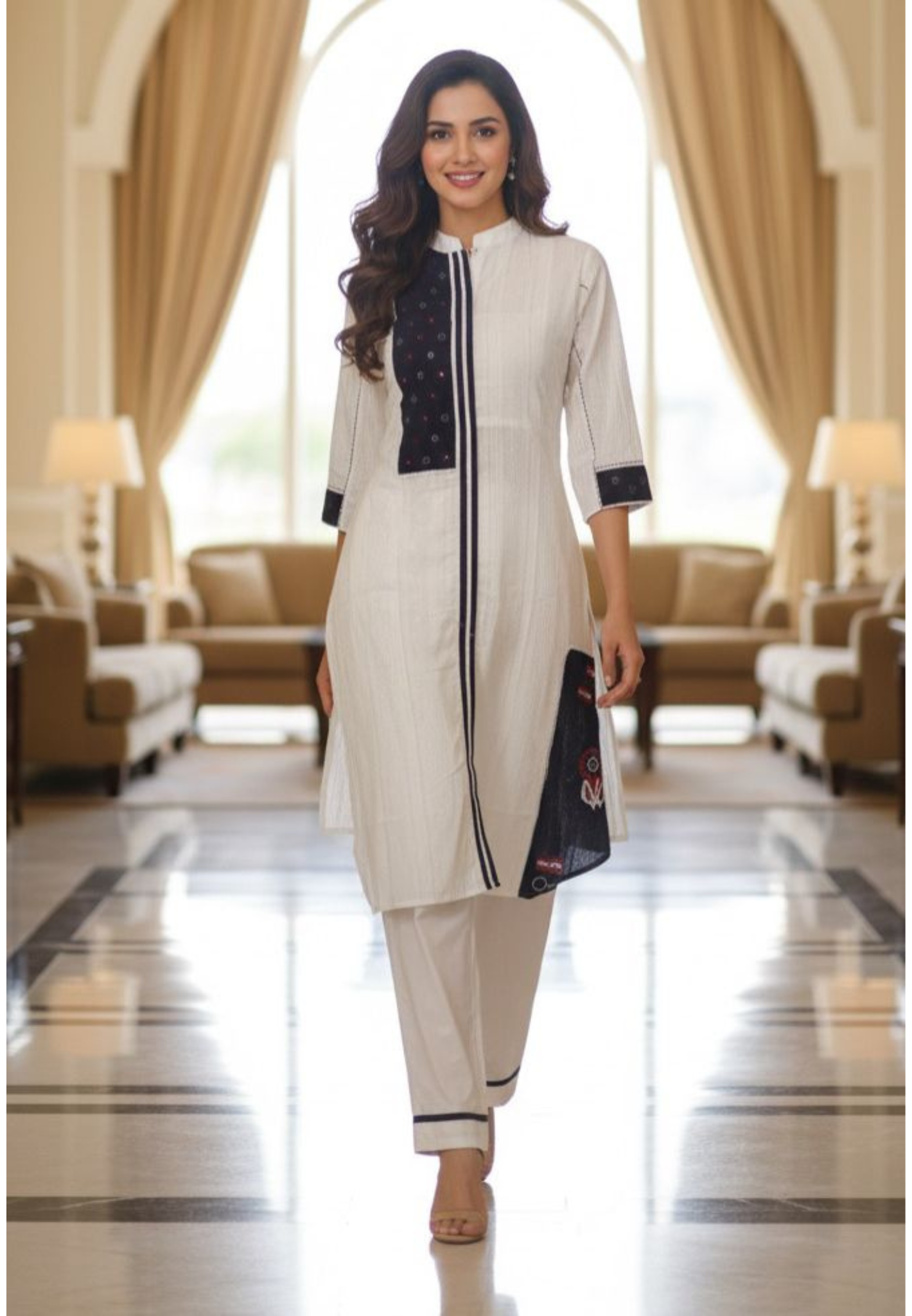 Balck And White Patch Work Summer Style Kurta Pant-12334