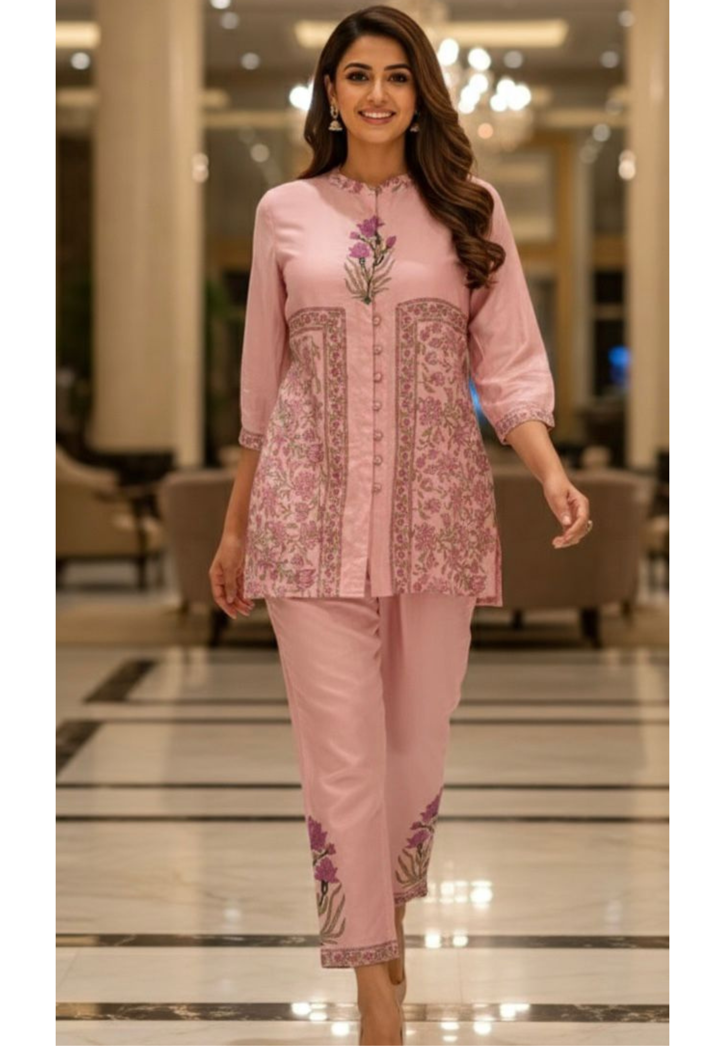 Placement Floral Art Buttoned Full Sleeve Collar Neck Cotton Co-Ord Set With Separate Inner- 12980