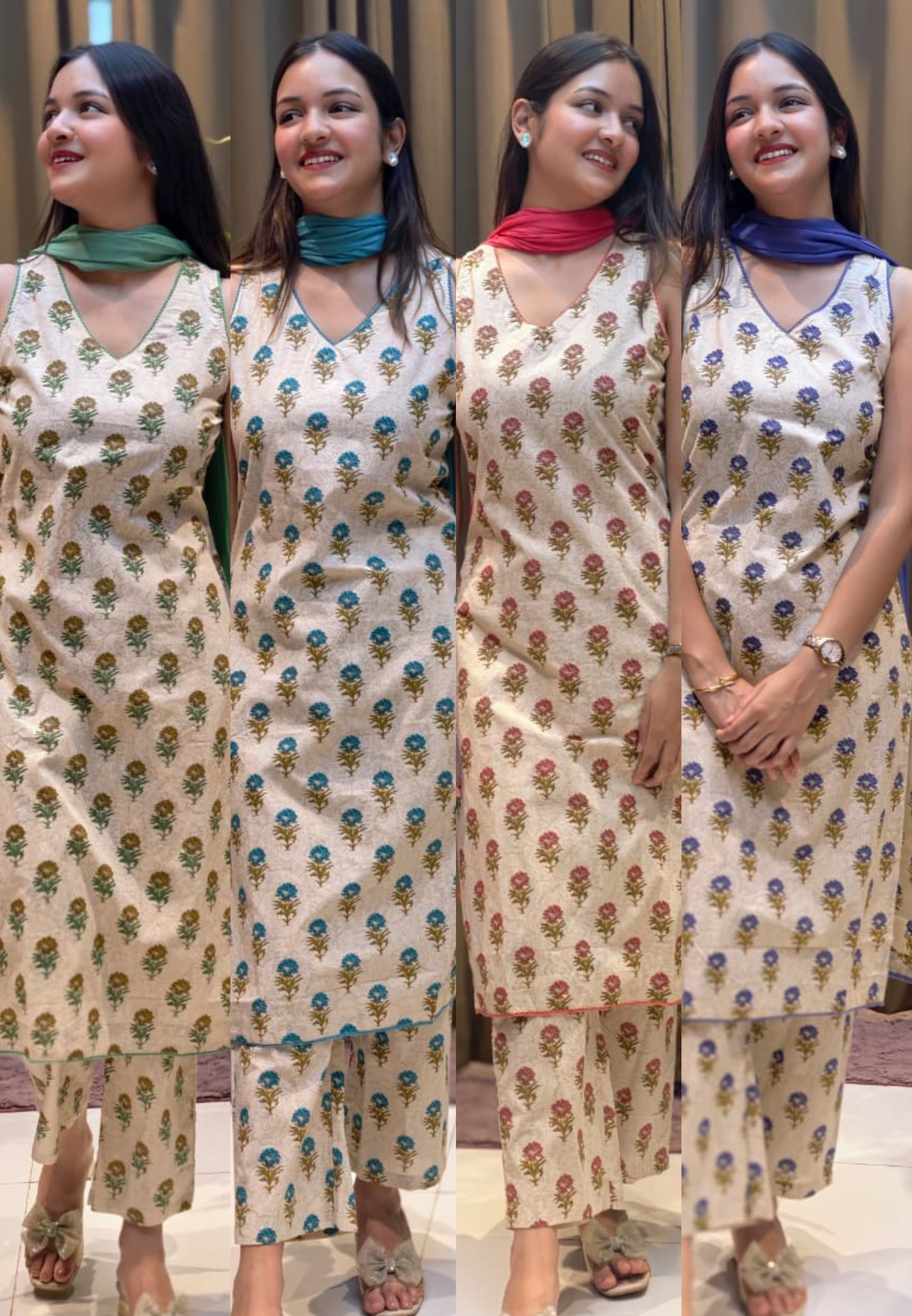 Beautiful Floral Printed Sleeveless Full Suit Set With Solid Dupatta In Cotton Fabric-13433