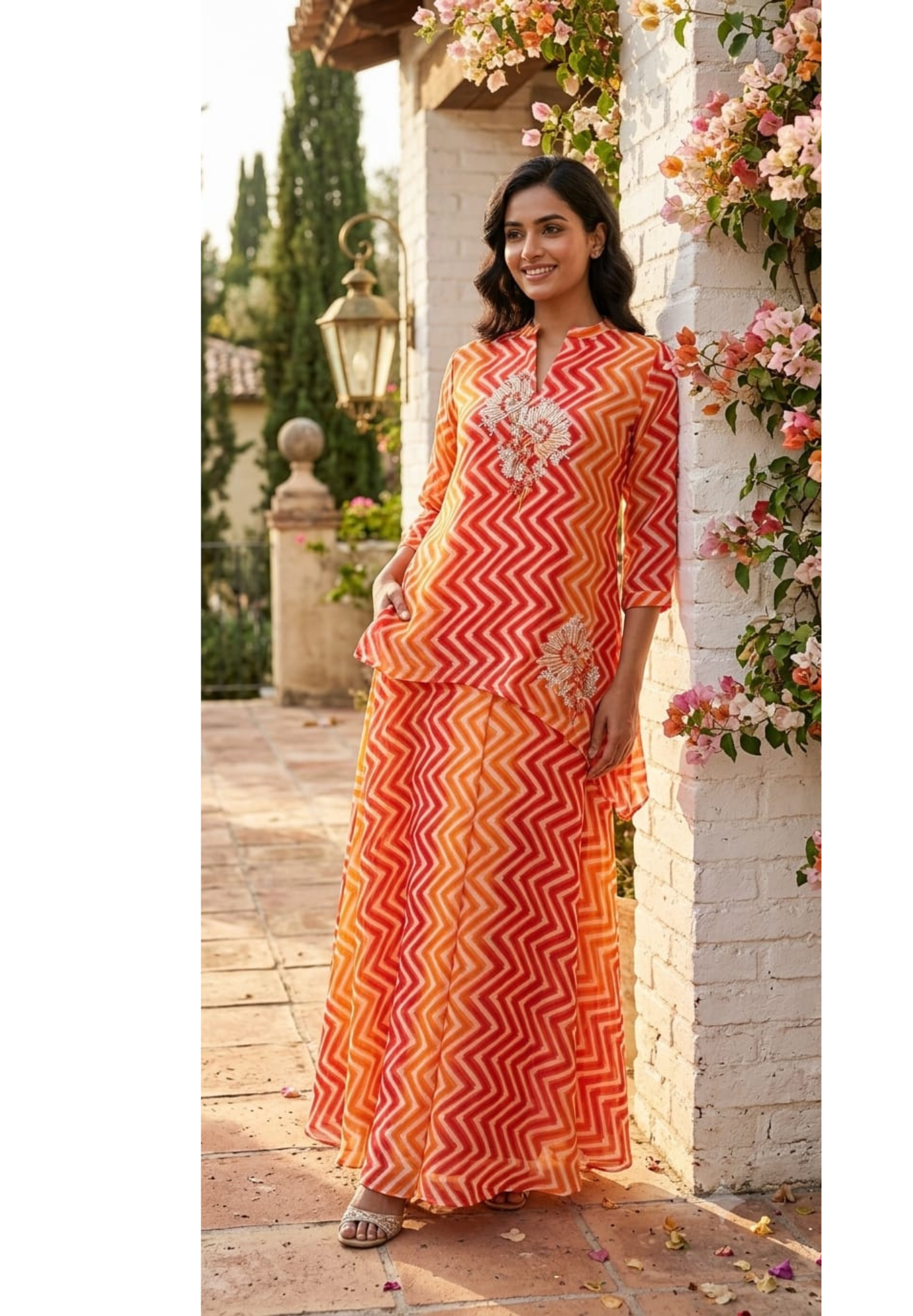 Zig-Zag Leheriya Print Peplum Top & Palazzo Set with Zardosi Floral Embroidery- 15429