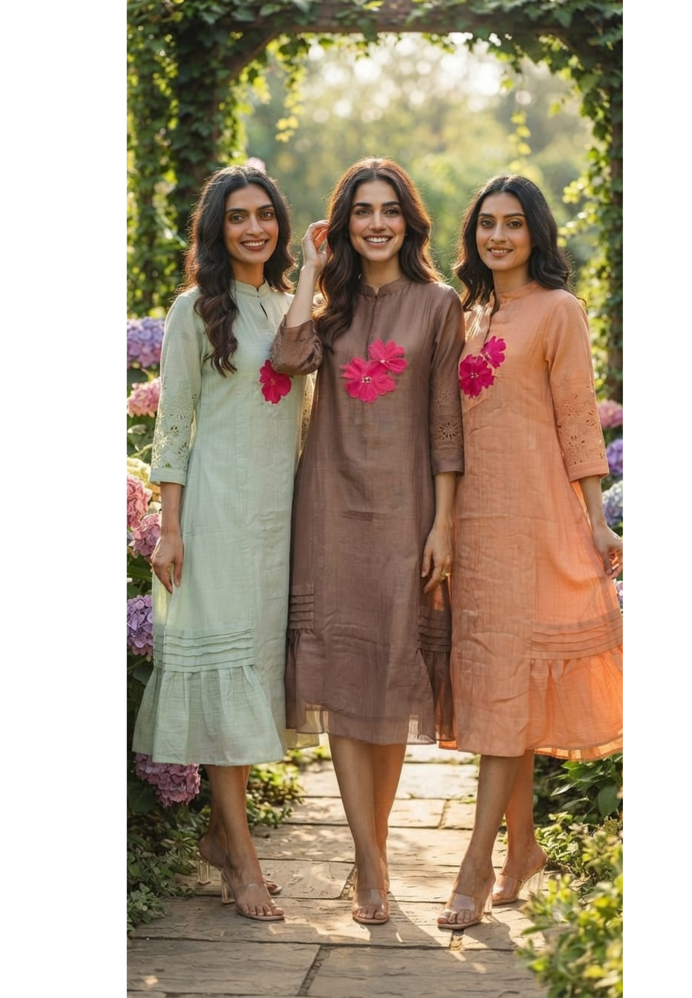 Mandarin Collar Ankle Length Mul-Chanderi Frock with 3D Floral Applique Yoke- 15421