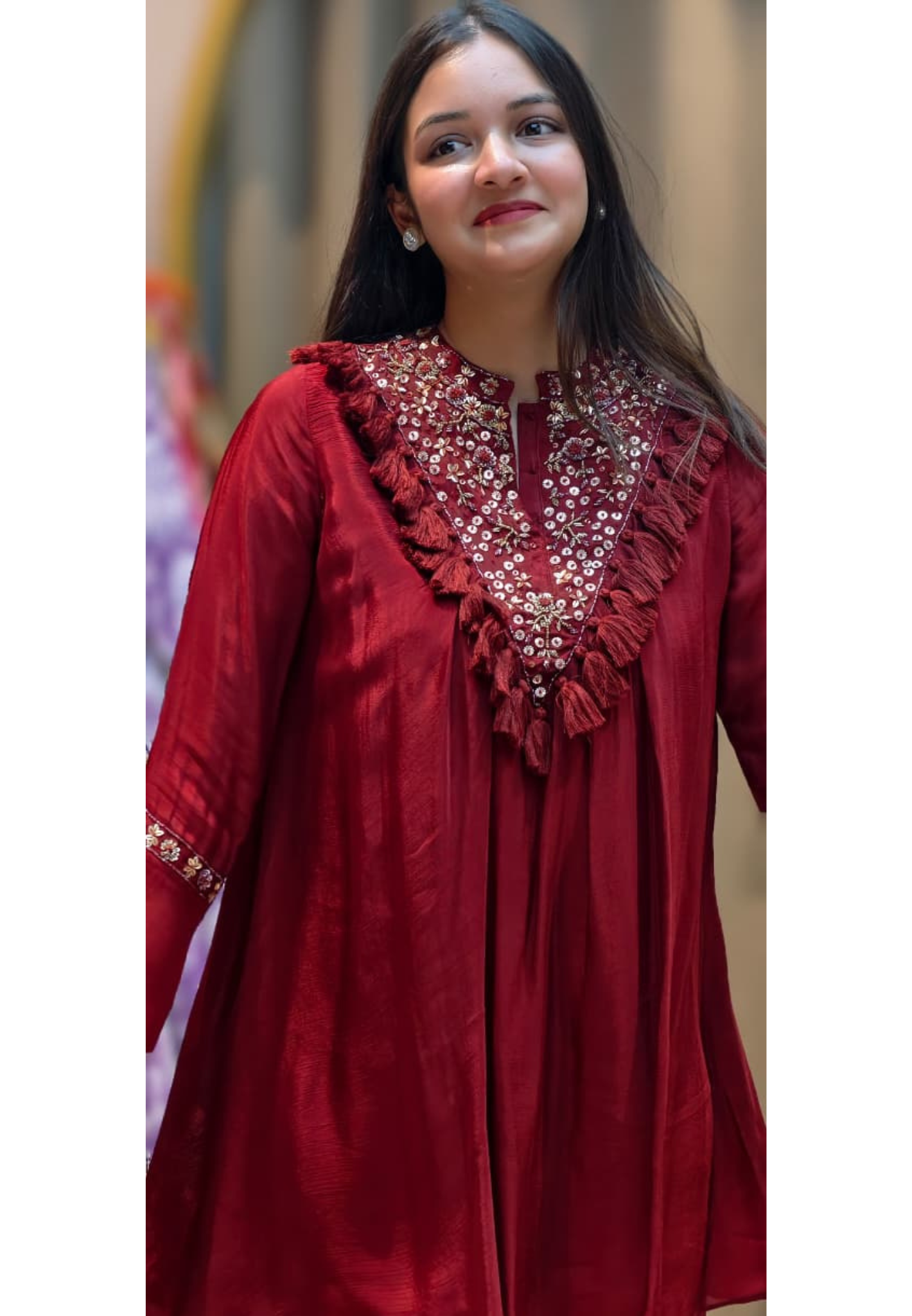 Stylish V-Yoke Boho Thread Look Indo Wear Kurta With Solid Bottom- 13551