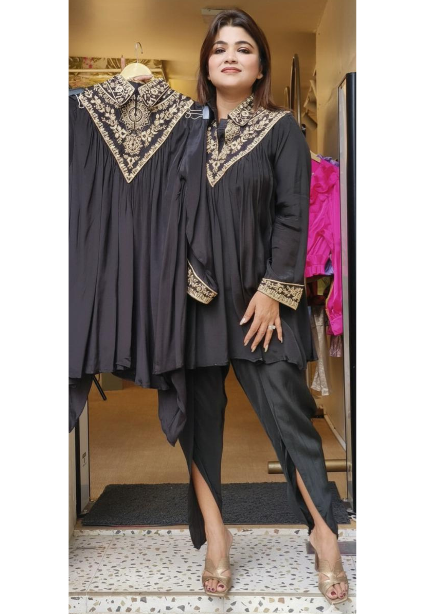 Designer Collar Beautiful Neck Embroidery Tulip Pant Co-Ord Set In Crepe Fabric- 07581