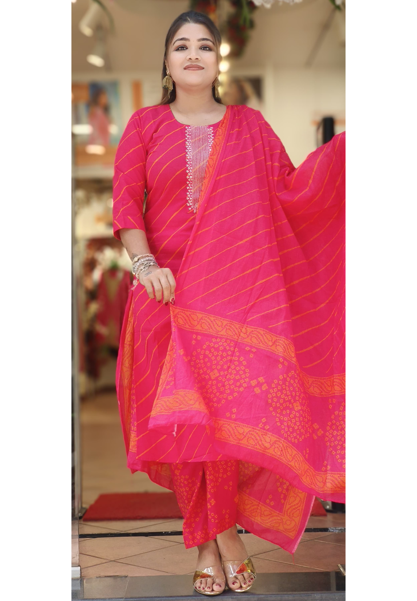 Bright Shade Leheriya Full Suit Set With Dupatta In Cotton Fabric