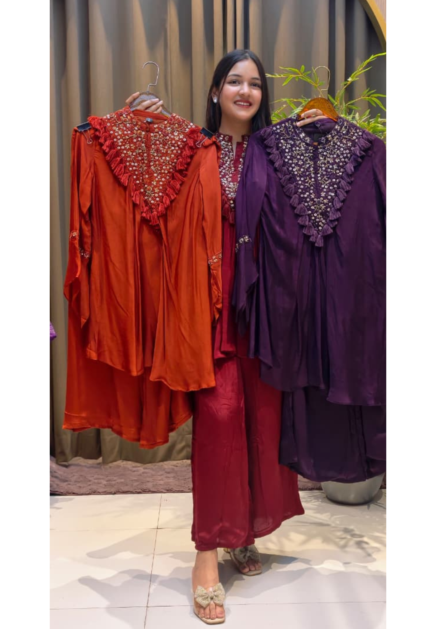 Stylish V-Yoke Boho Thread Look Indo Wear Kurta With Solid Bottom- 13551