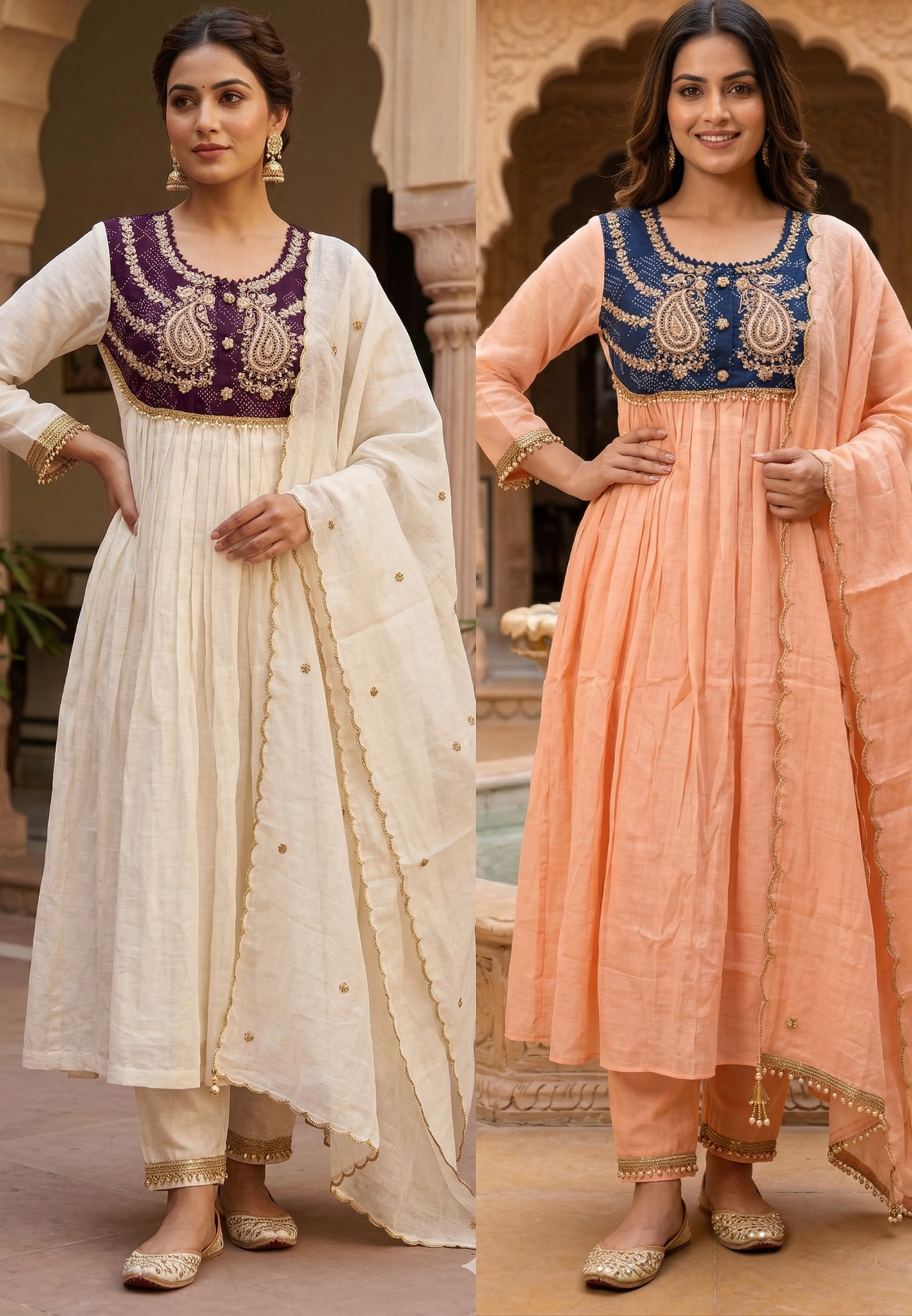Premium Zardosi Mul Chanderi A-Line Full Suit Set with Heavy Hand-Embroidered Zari & Thread Work Yoke 14026 RB106