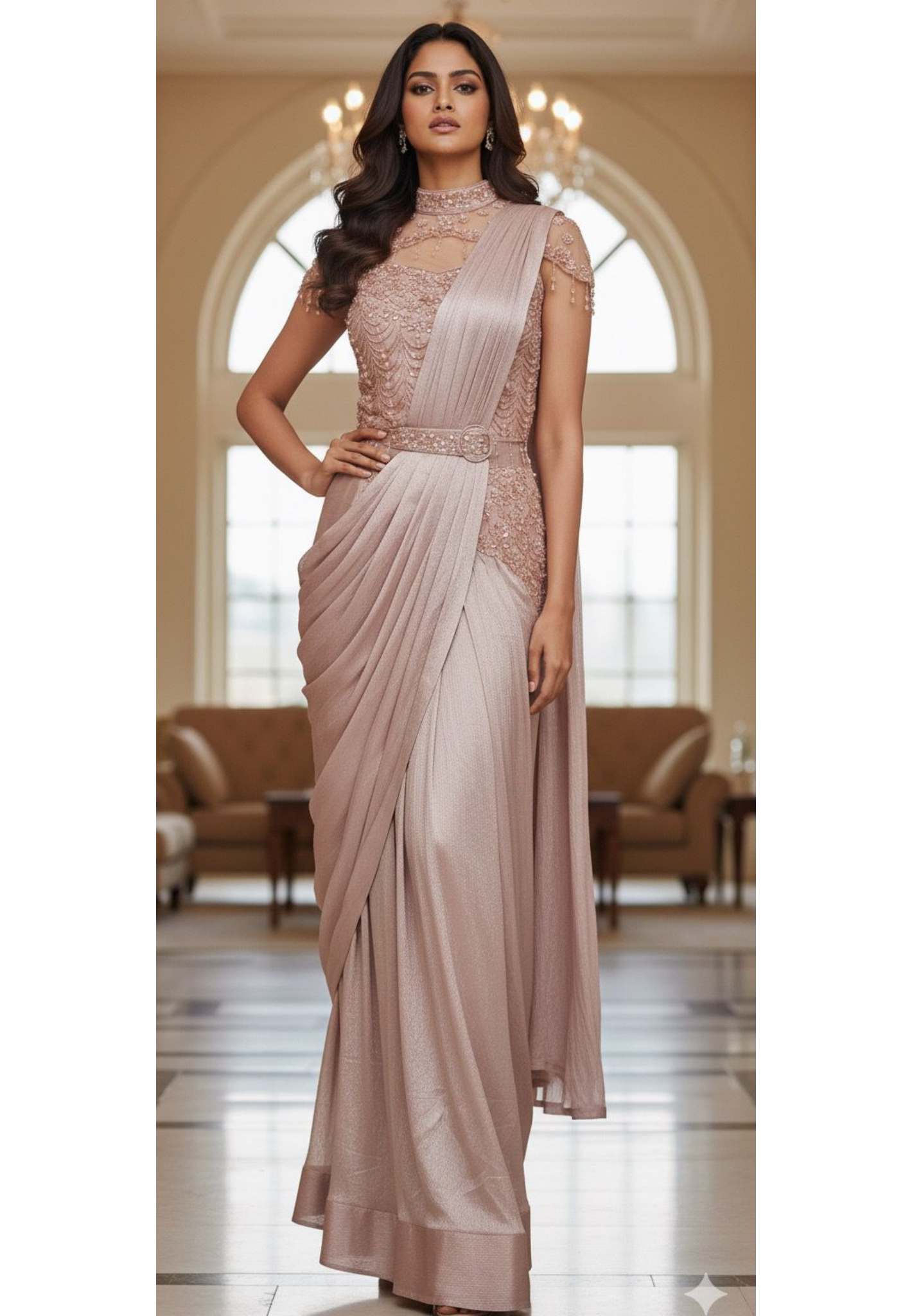 Designer Drape Saree Evening Wear Very Elegant With Crystal Handwork DRYWASH