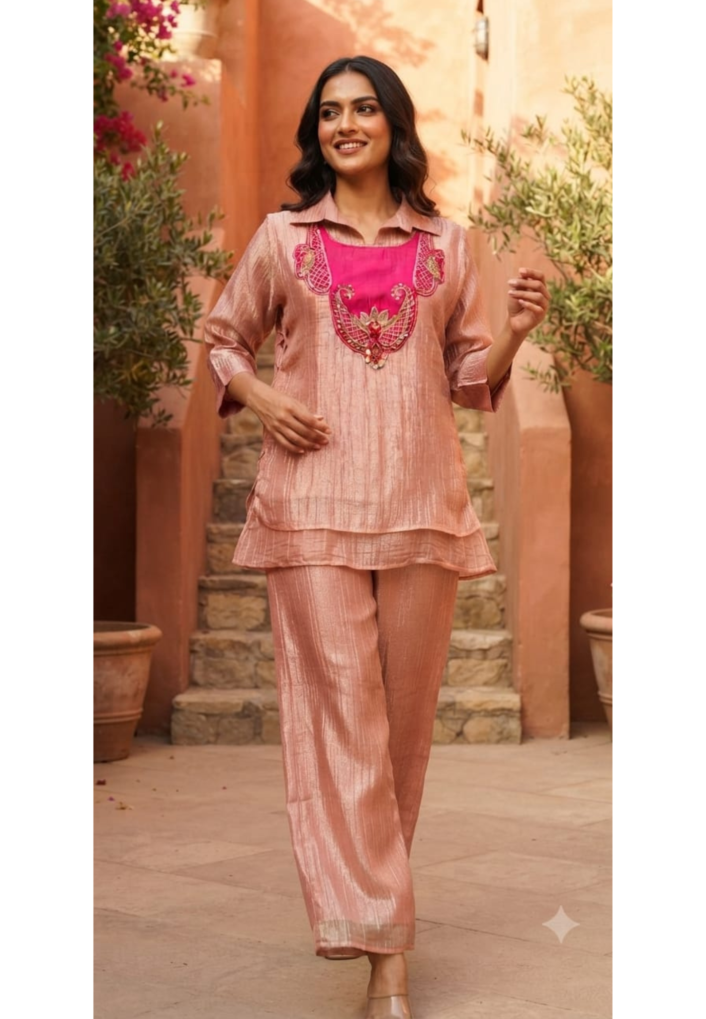 Premium Crush Tissue Mango Buti Embroidered Contrasted Yoke Overlay Co-Ord Set-