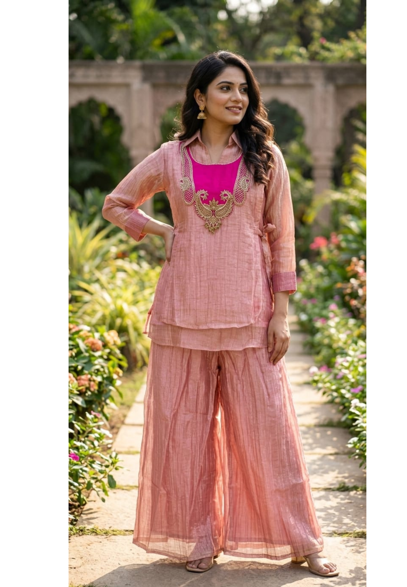 Premium Crush Tissue Mango Buti Embroidered Contrasted Yoke Overlay Co-Ord Set-