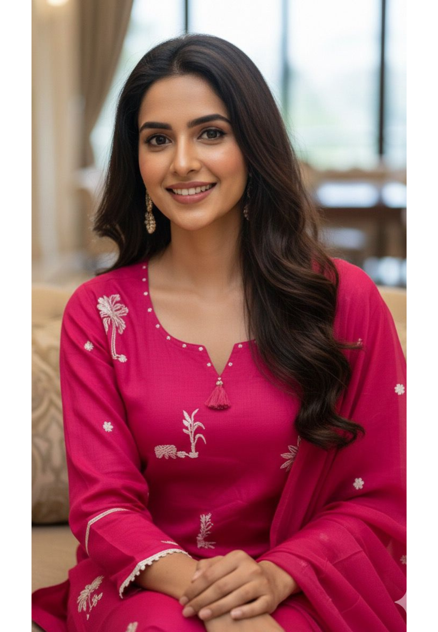 Tree Thread Embroidered Unique Neck Line Solid Cotton Full Suit Set With Dupatta