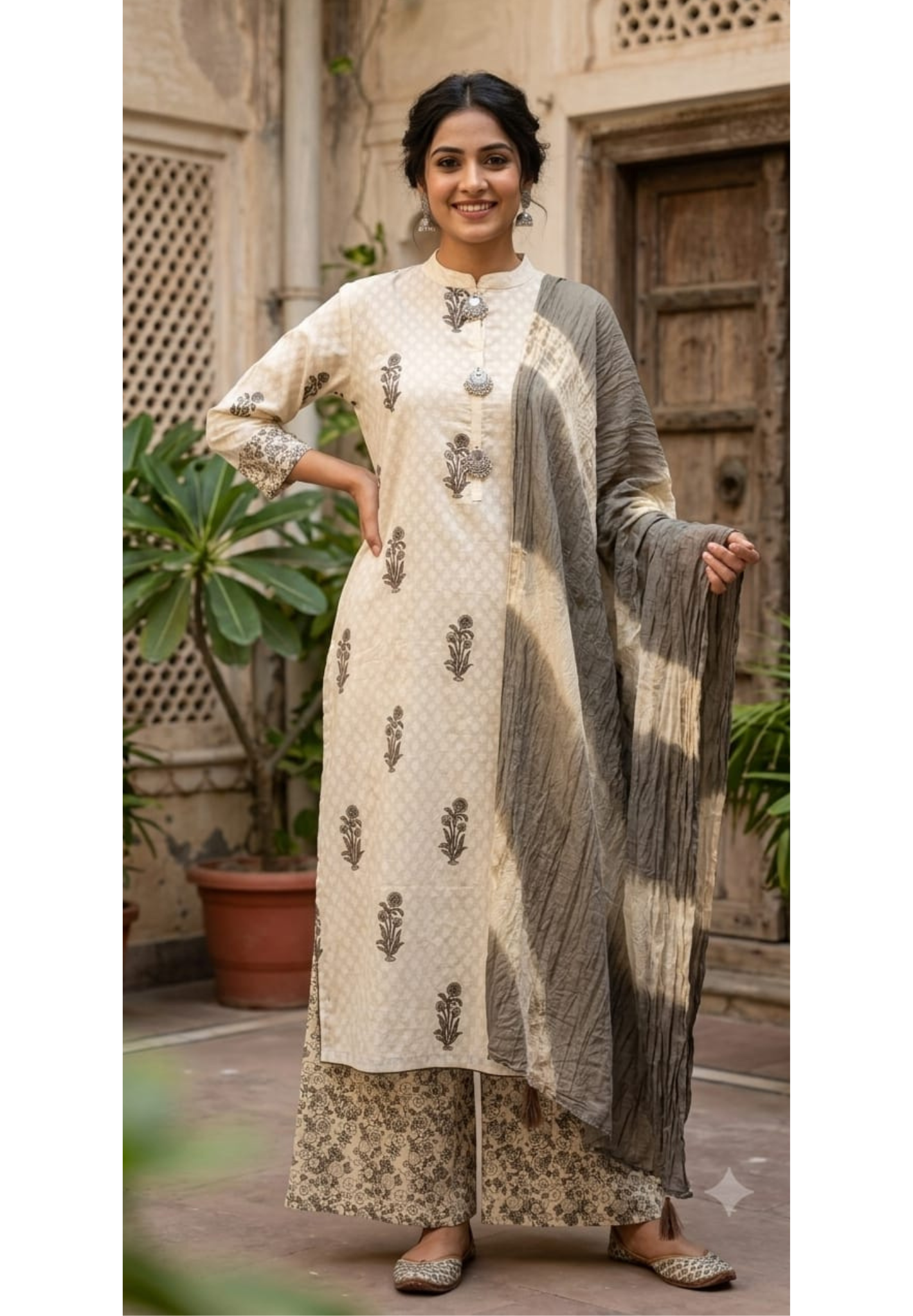 Oxidised Jewel Front Hang Printed Cotton Full Suit Set With Contrasted Dupatta- 15175