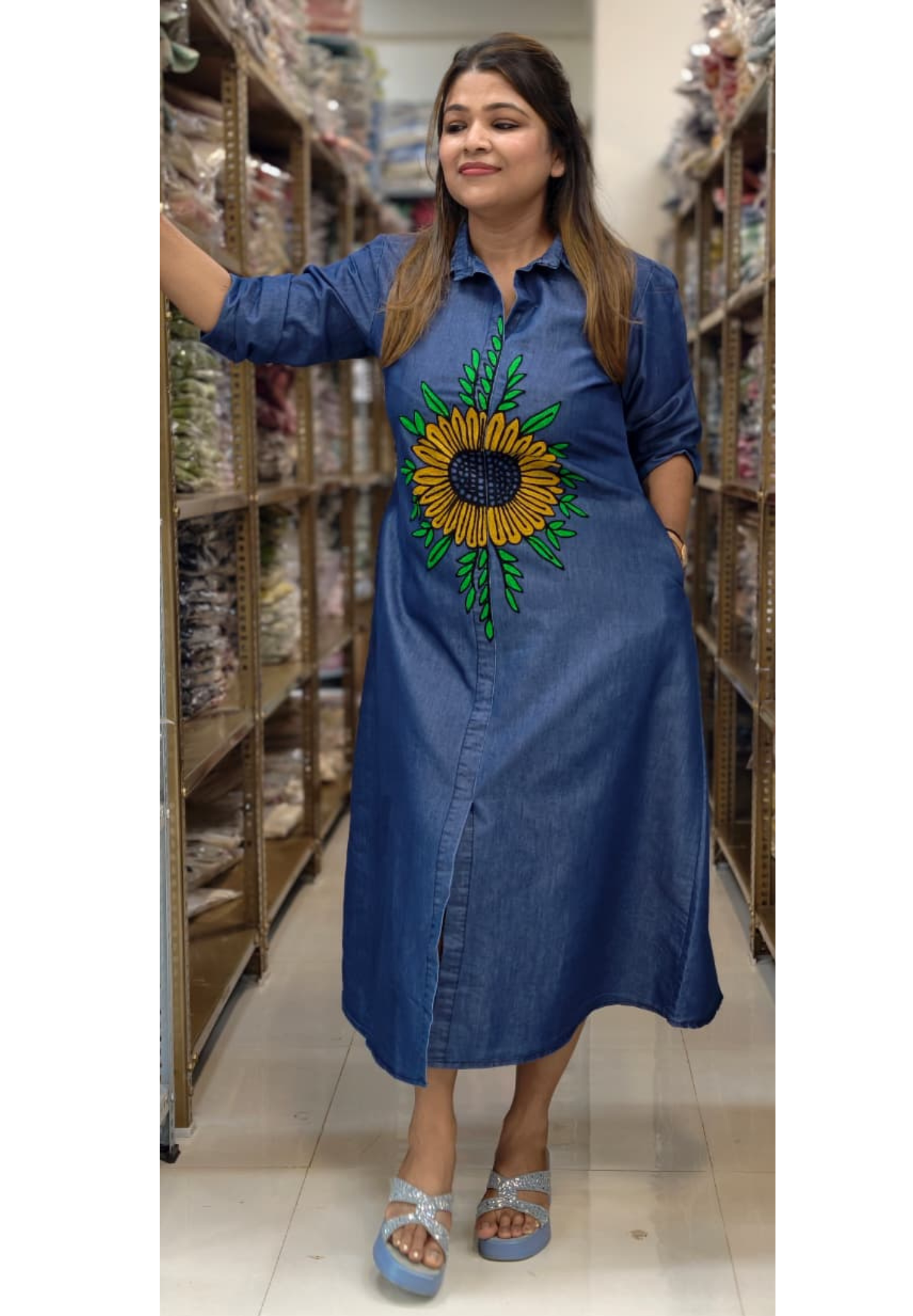 Giant Digital Floral Look Thread Embroidery Summer Cotton Denim Frock- 14802 RB467