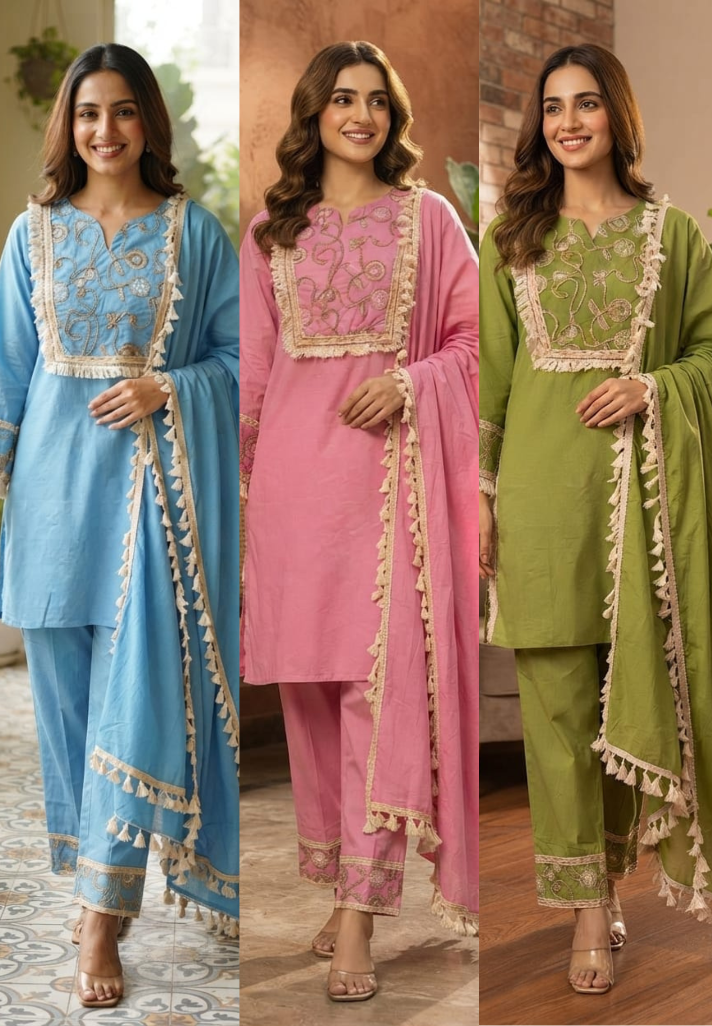 Boho Chic Thread Embroidered Yoke Tassel Accent Cotton Full Suit Set With Dupatta- 15496