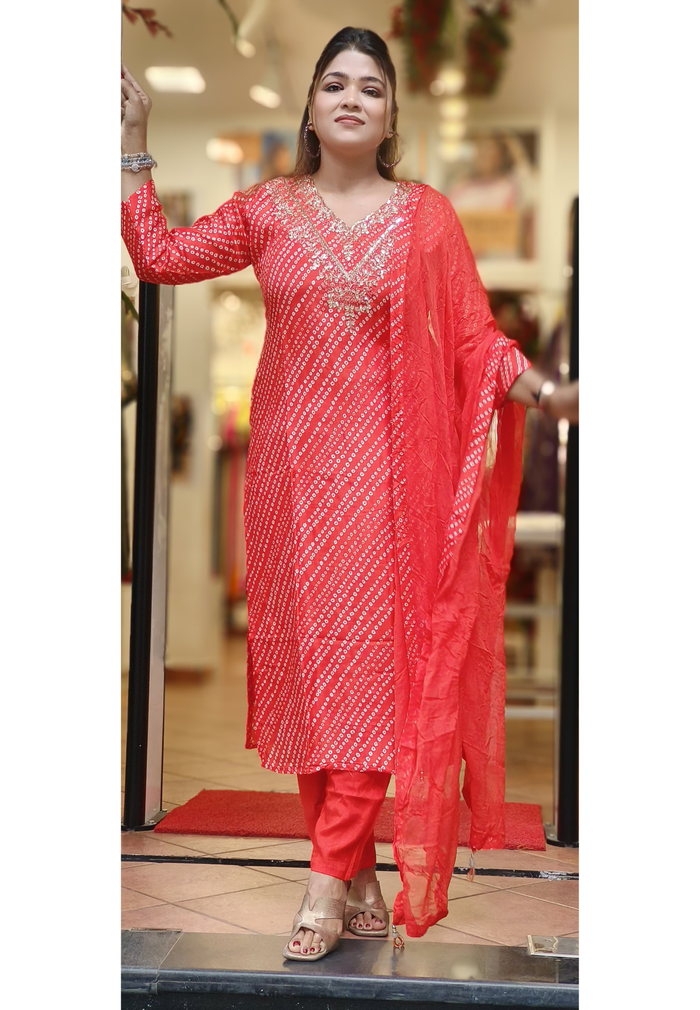 V-Neck Handwork Dotted Silk Full Suit With Dupatta