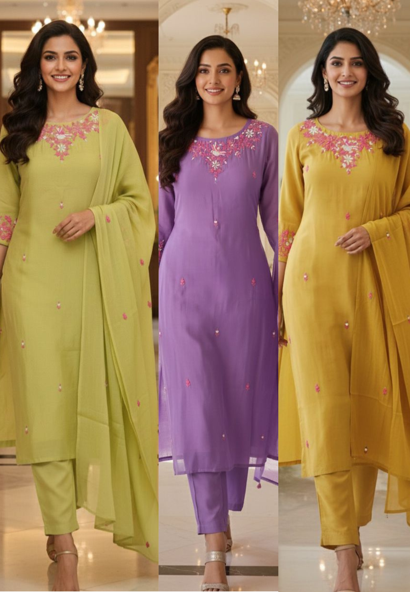 Surat Mul Chanderi Floral Embroidered Kurta Pant And Dupatta-12259,12260,12261