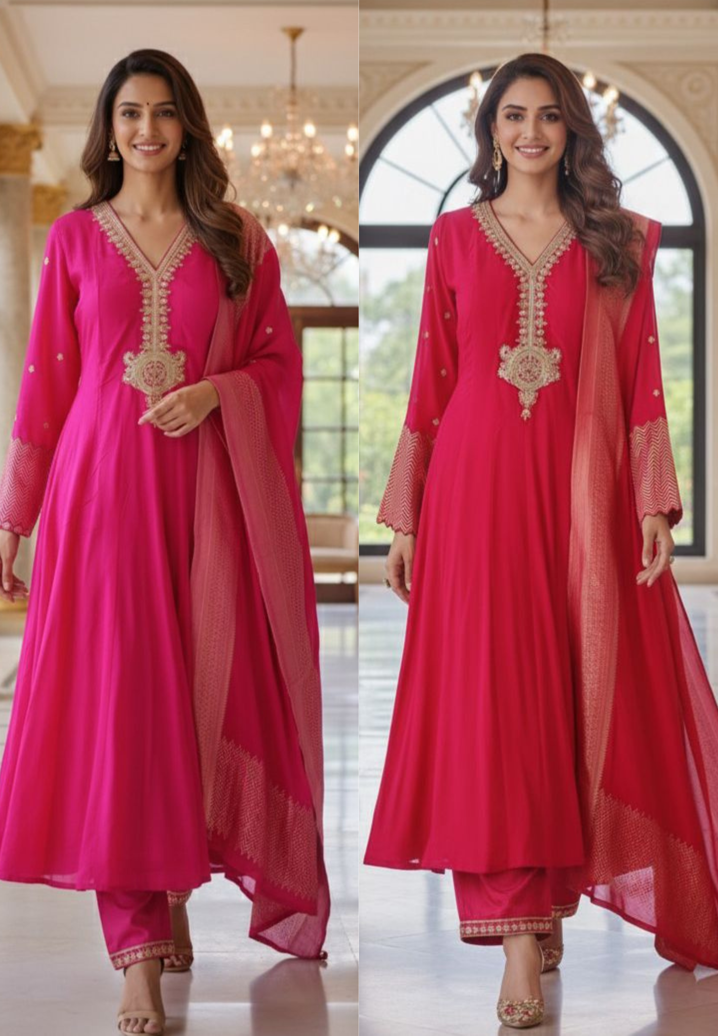 Premium Silk Anarkali Kurta Set Adorned with Detailed Golden Thread Embroidery and Coordinated Dupatta