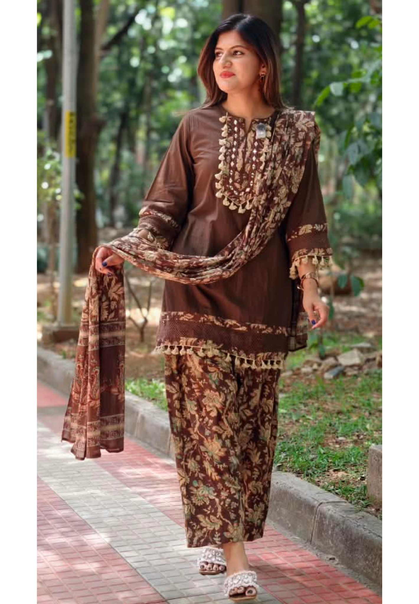 Boho Style Tassel Accent Solid Cotton Kurta With Printed Bottom & Dupatta Full Suit Set- 16018