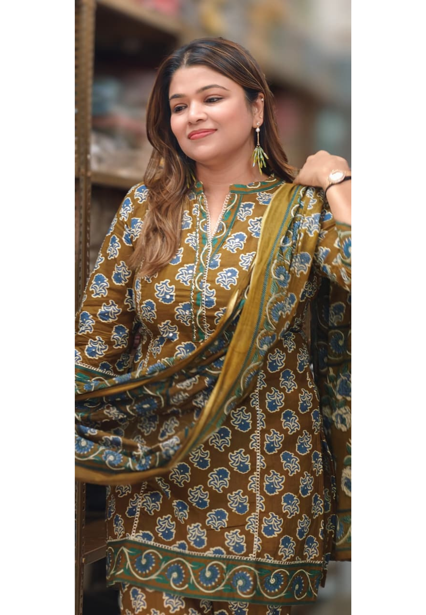 Earthy Floral Block Print Ethnic Cotton Short Length Kurta Full Suit Set With Dupatta- 14861