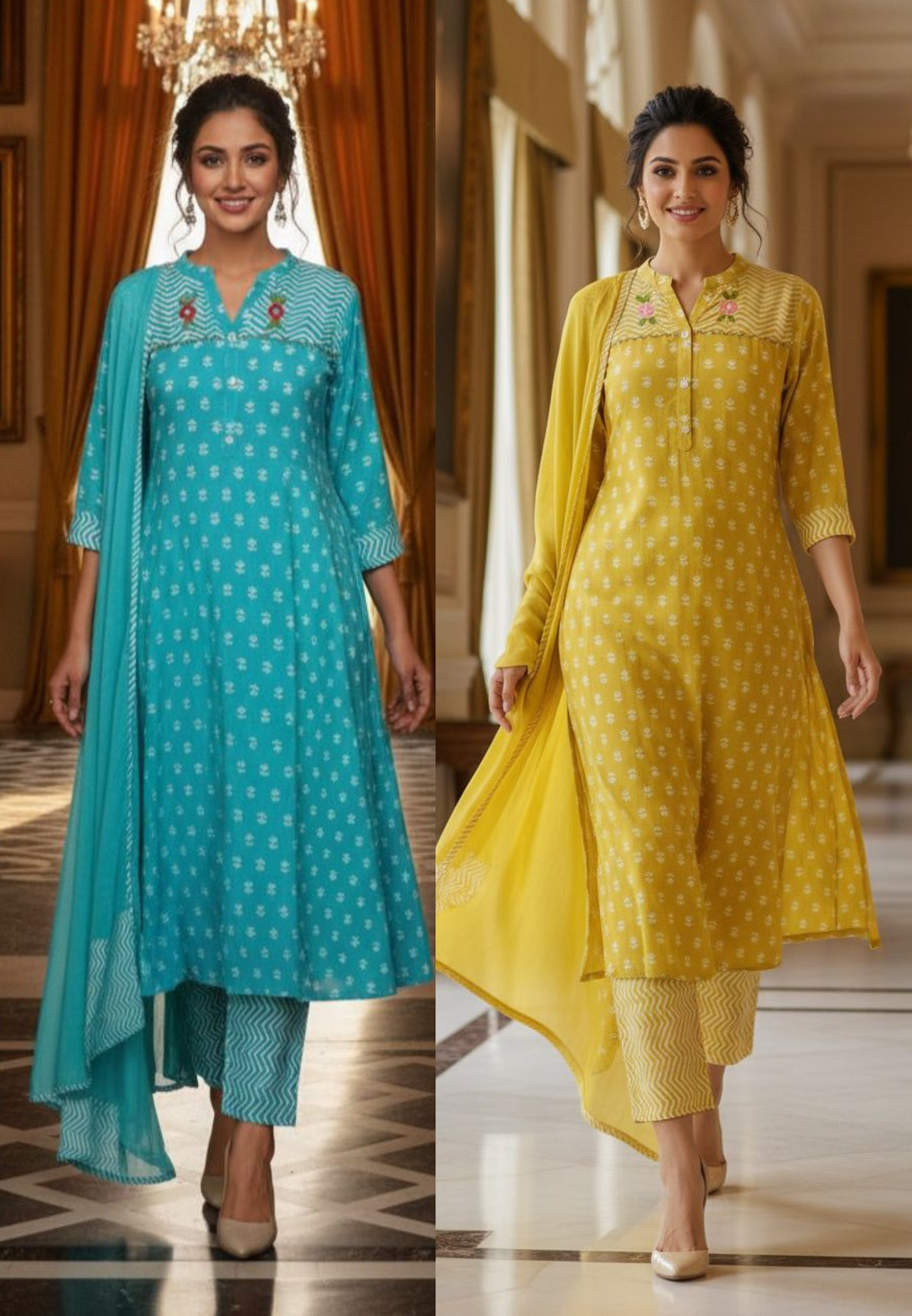 Pure A Line Cotton Printed Embroidered Kurta Set in with Dupatta-12284,12285