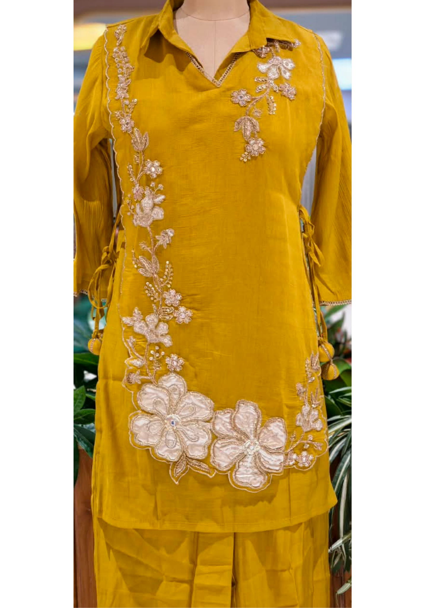 Elegant Embroidery Work Overlay Solid Collared Co-Ord Set In Surat Mul-Chanderi Fabric- 16080