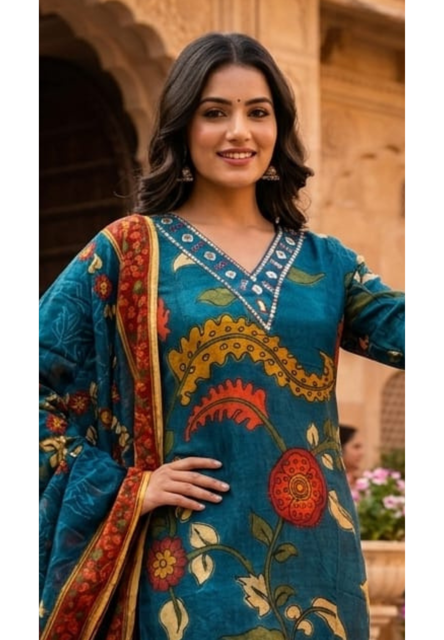 Foil Neckline Ajrakh Floral Print Muslin Full Suit Set With Dupatta- 14896