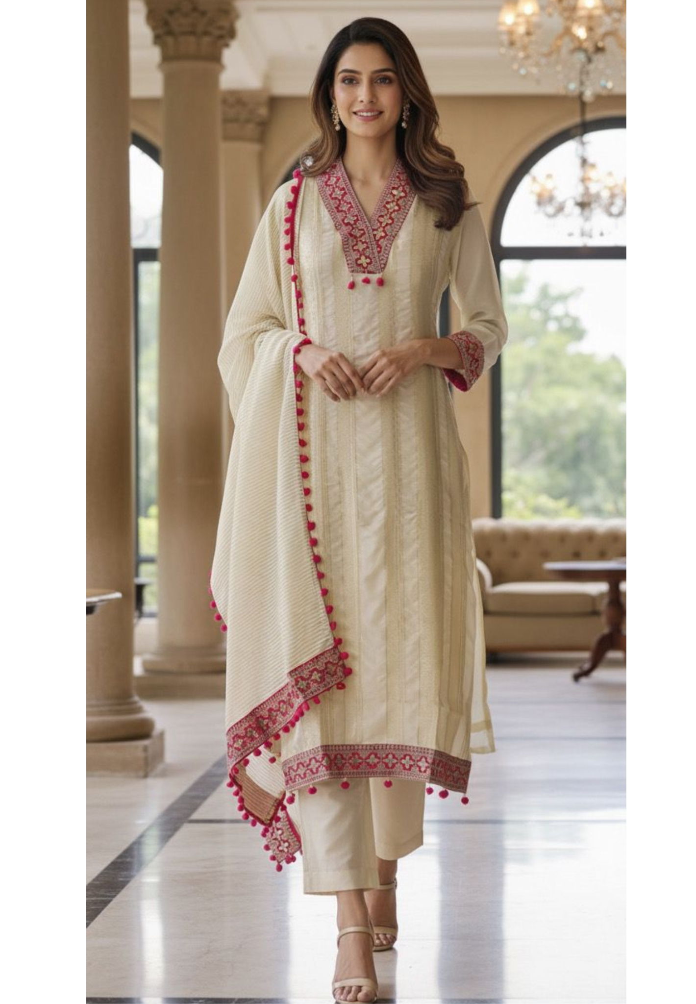 Luxury Pure Silk Cream Suit Set with Intricate Pink Thread Embroidery Pompom Detailed Dupatta-12268