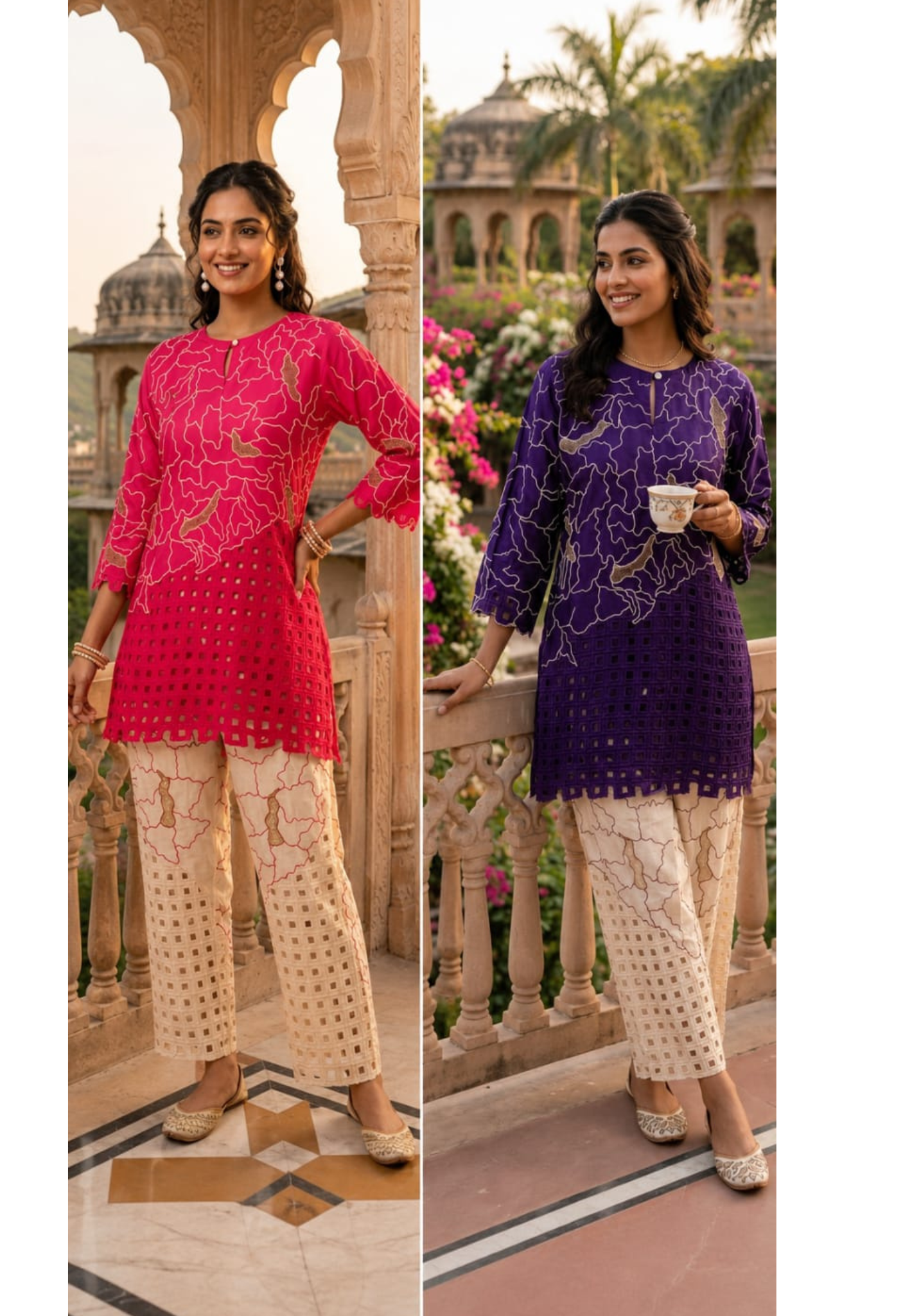 Contemporary Abstract Embroidered with Geometric Cutwork Russian Silk Co-Ord Set- 15224