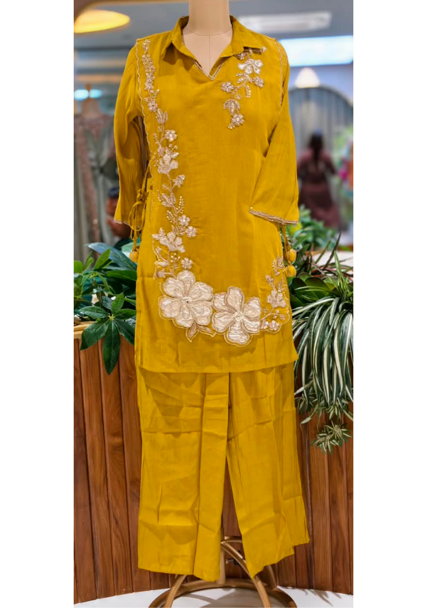 Elegant Embroidery Work Overlay Solid Collared Co-Ord Set In Surat Mul-Chanderi Fabric- 16080