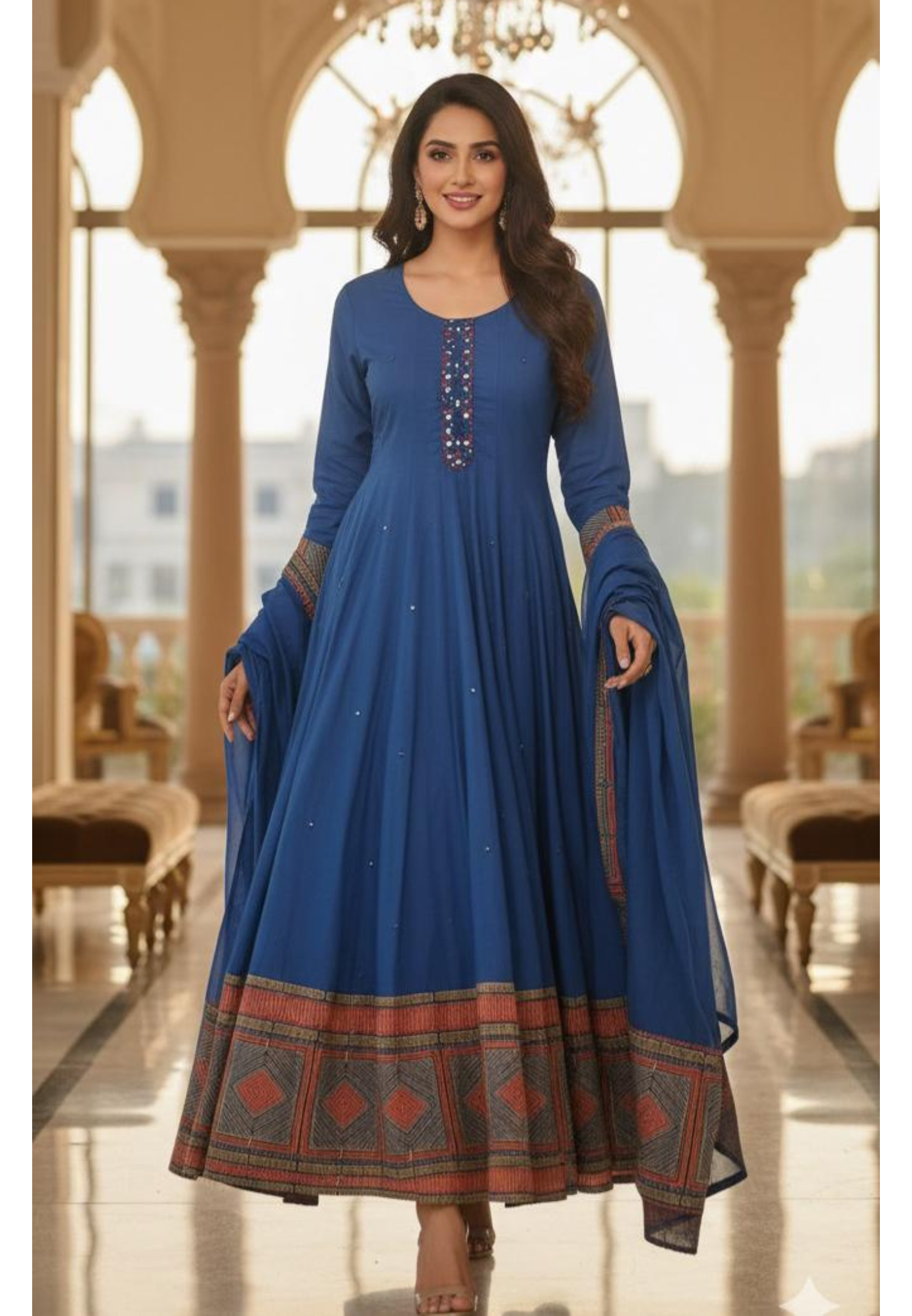 Premium Anarkali Style Mul Cotton Suit Elegant Blue Kurta with Intricate Mirror Handwork & Geometric Printed Hem with Dupatta-12328