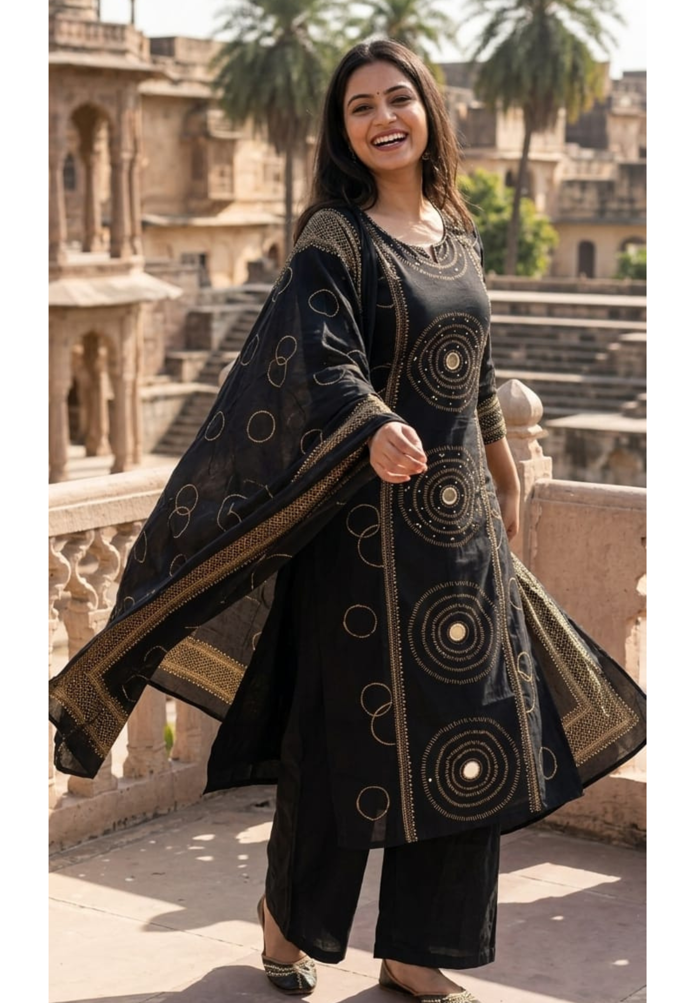 Rounded Print With Real Mirror Touch A-Line Cotton Full Suit Set With Dupatta- 14919