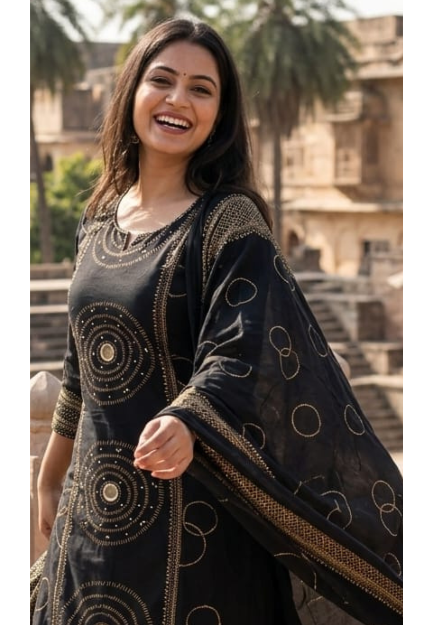 Rounded Print With Real Mirror Touch A-Line Cotton Full Suit Set With Dupatta- 14919