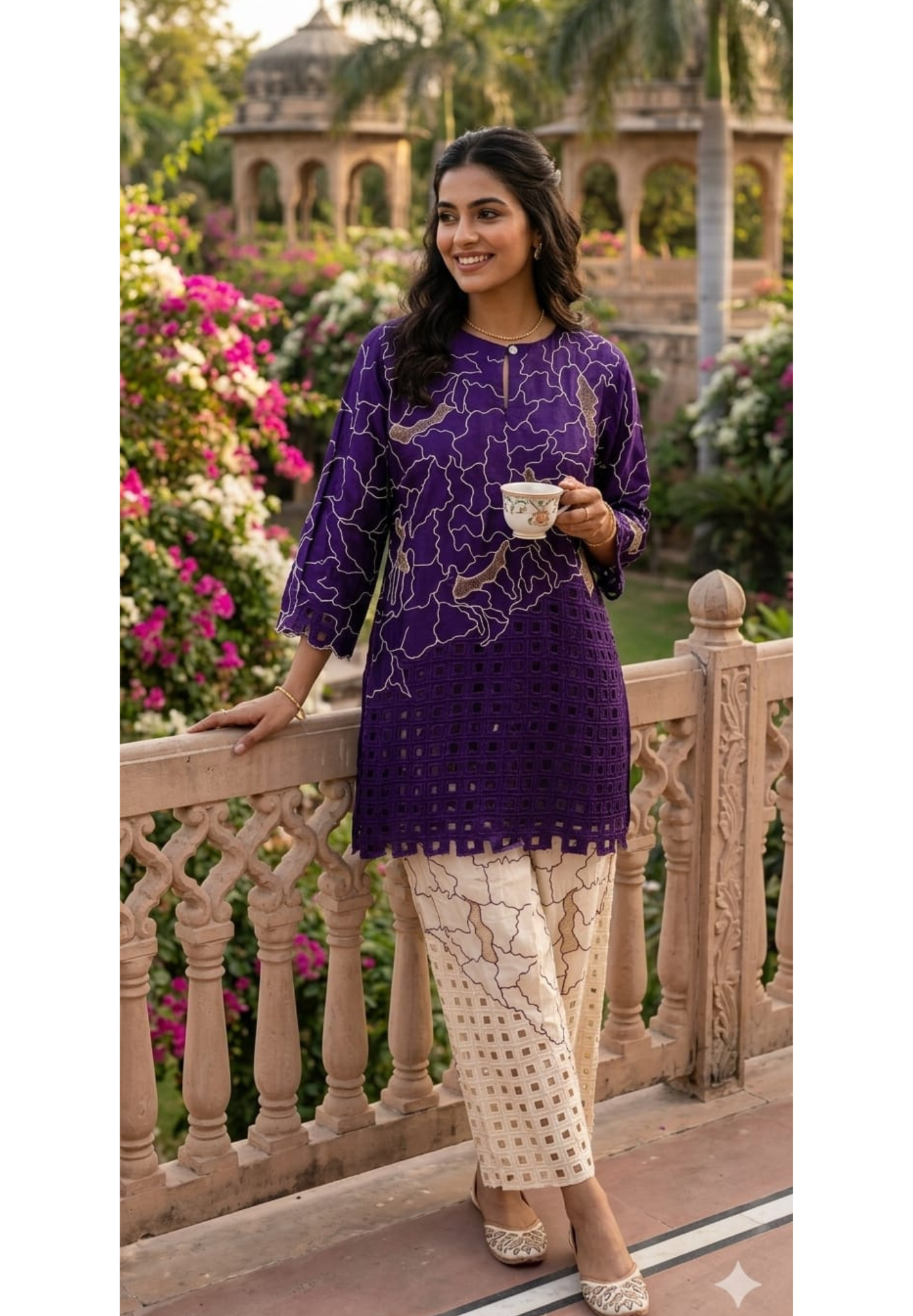Contemporary Abstract Embroidered with Geometric Cutwork Russian Silk Co-Ord Set- 15224