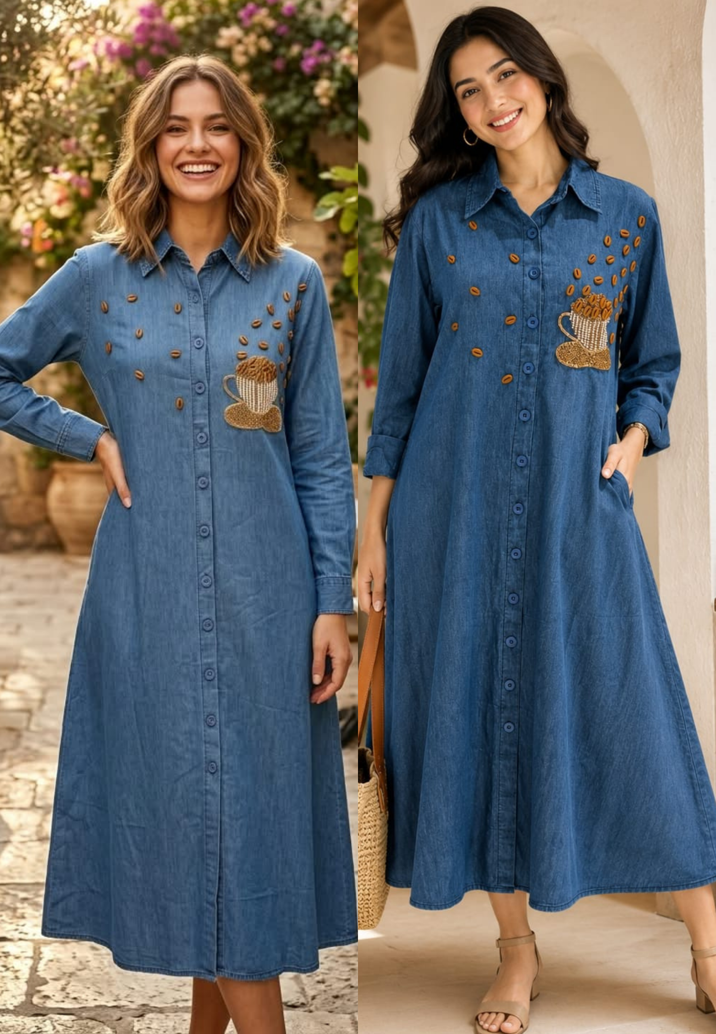Coffee Bean Shiny Embellishment Work Cute Mofits Denim Ankle Length Frock- 16022
