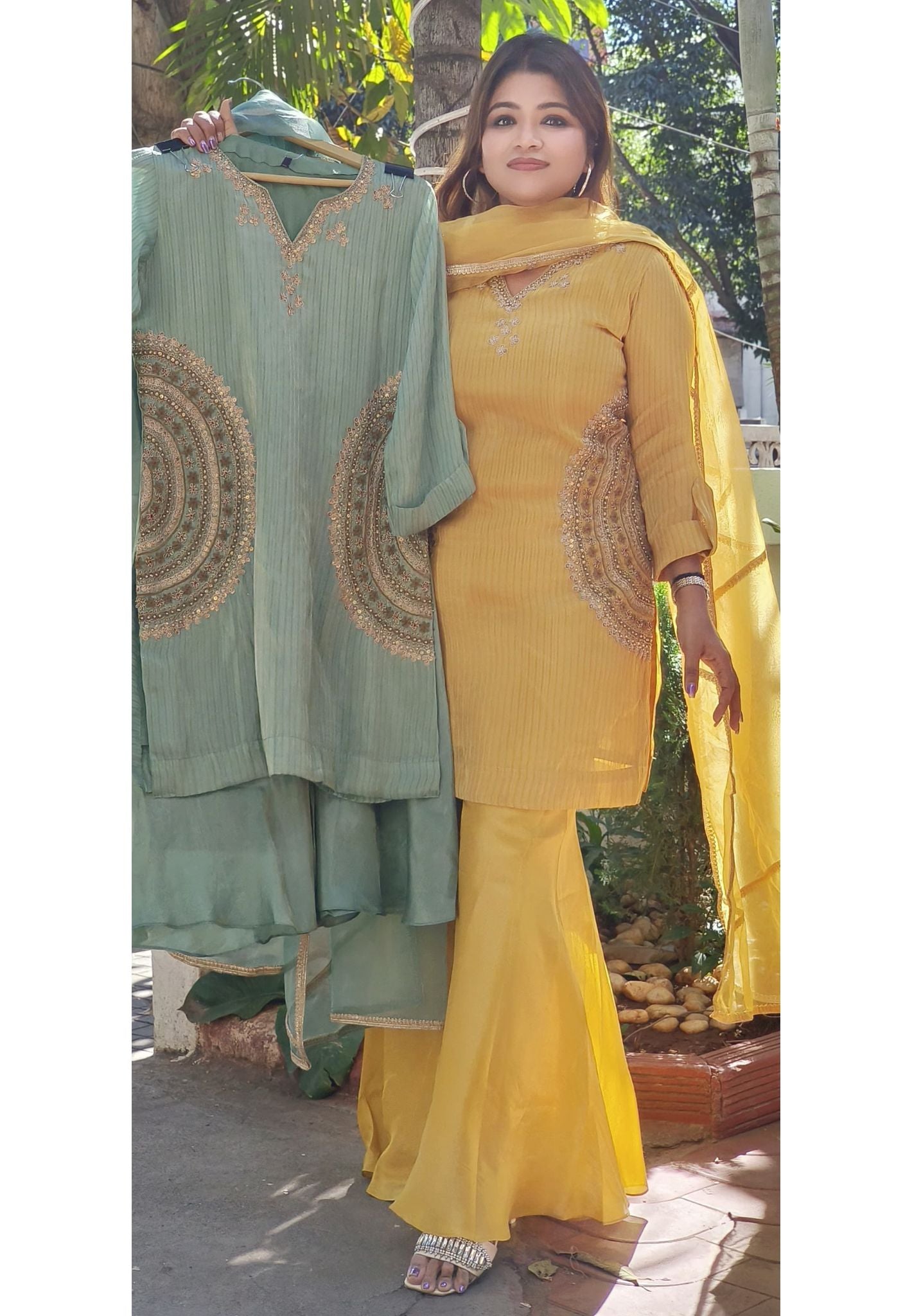 Beautiful Zardozi Embroidered Kurta Shimmer Tissue Sharara With Organza Dupatta-08384