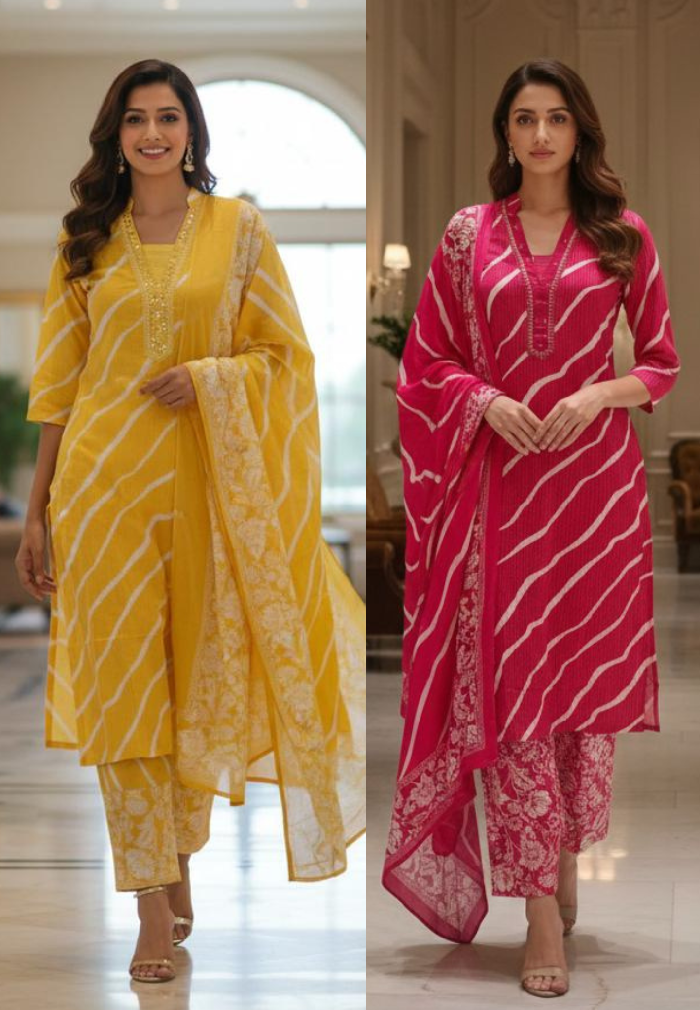 Lehriya Printex Cotton Bright Stripe Kurta Set with Floral Pant and Printed Border Dupatta