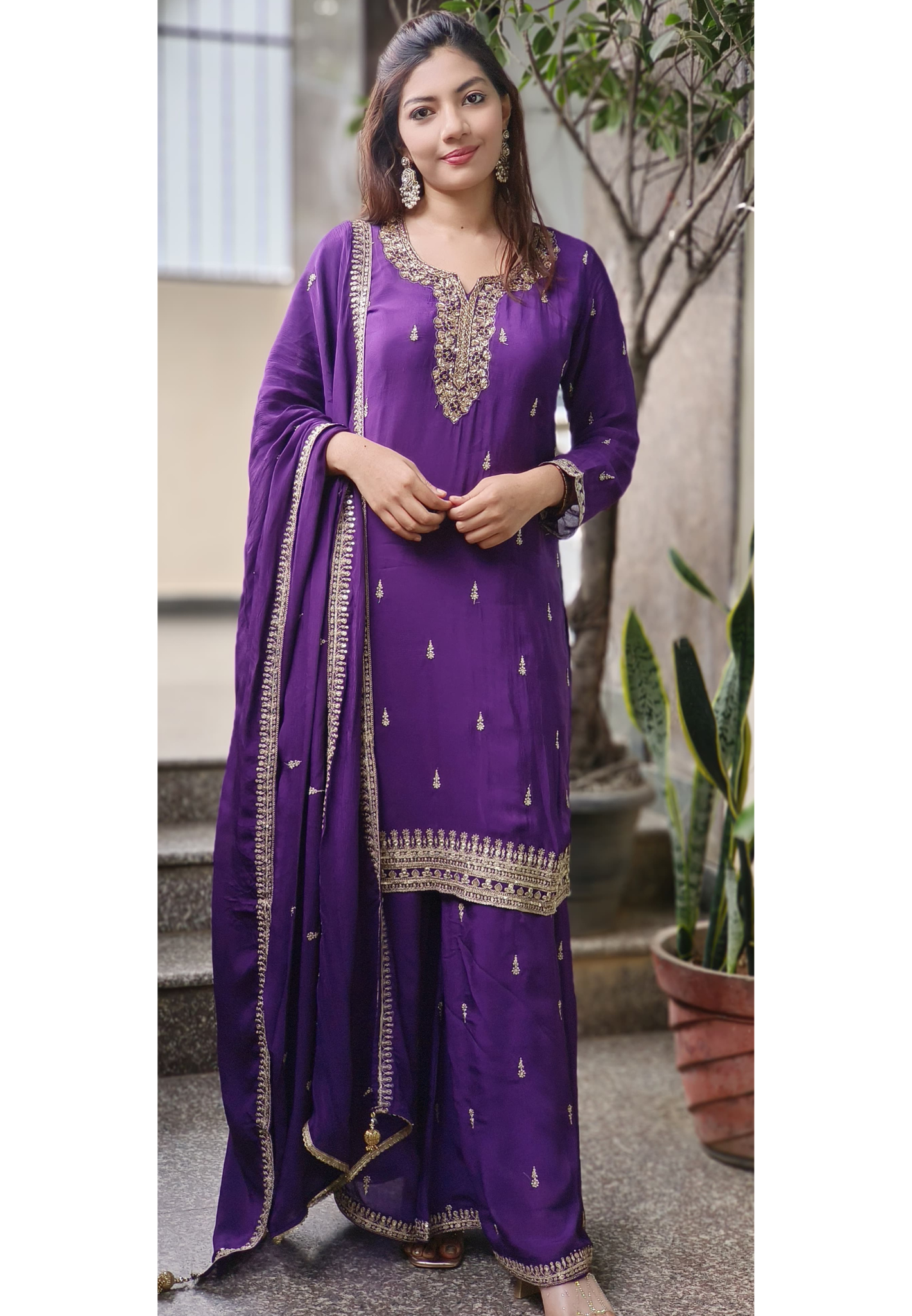 Handwork Beautiful Neck Chinon Full Suit Set With Loose Palazzo Bottom & Dupatta- 10186