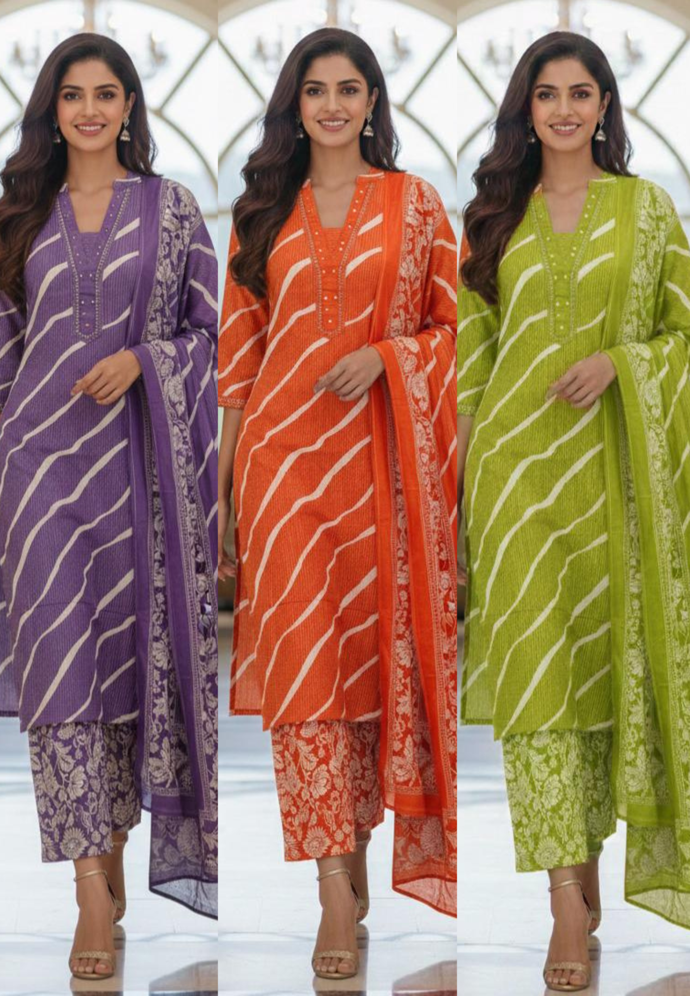 Lehriya Printex Cotton Bright Stripe Kurta Set with Floral Pant and Printed Border Dupatta