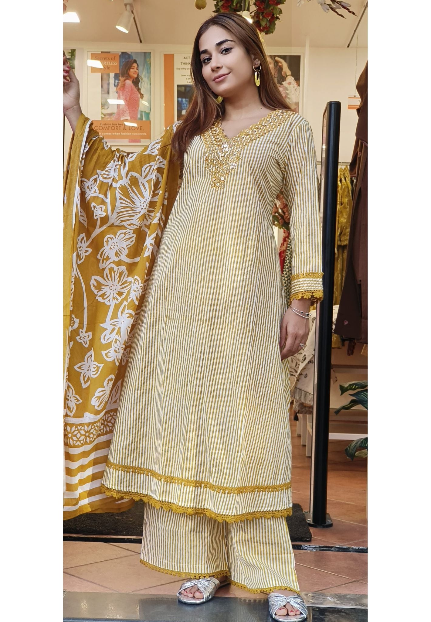 Cotton V-Neck Embroidery A-Line Kurta And Pant With Printed Dupatta -08172