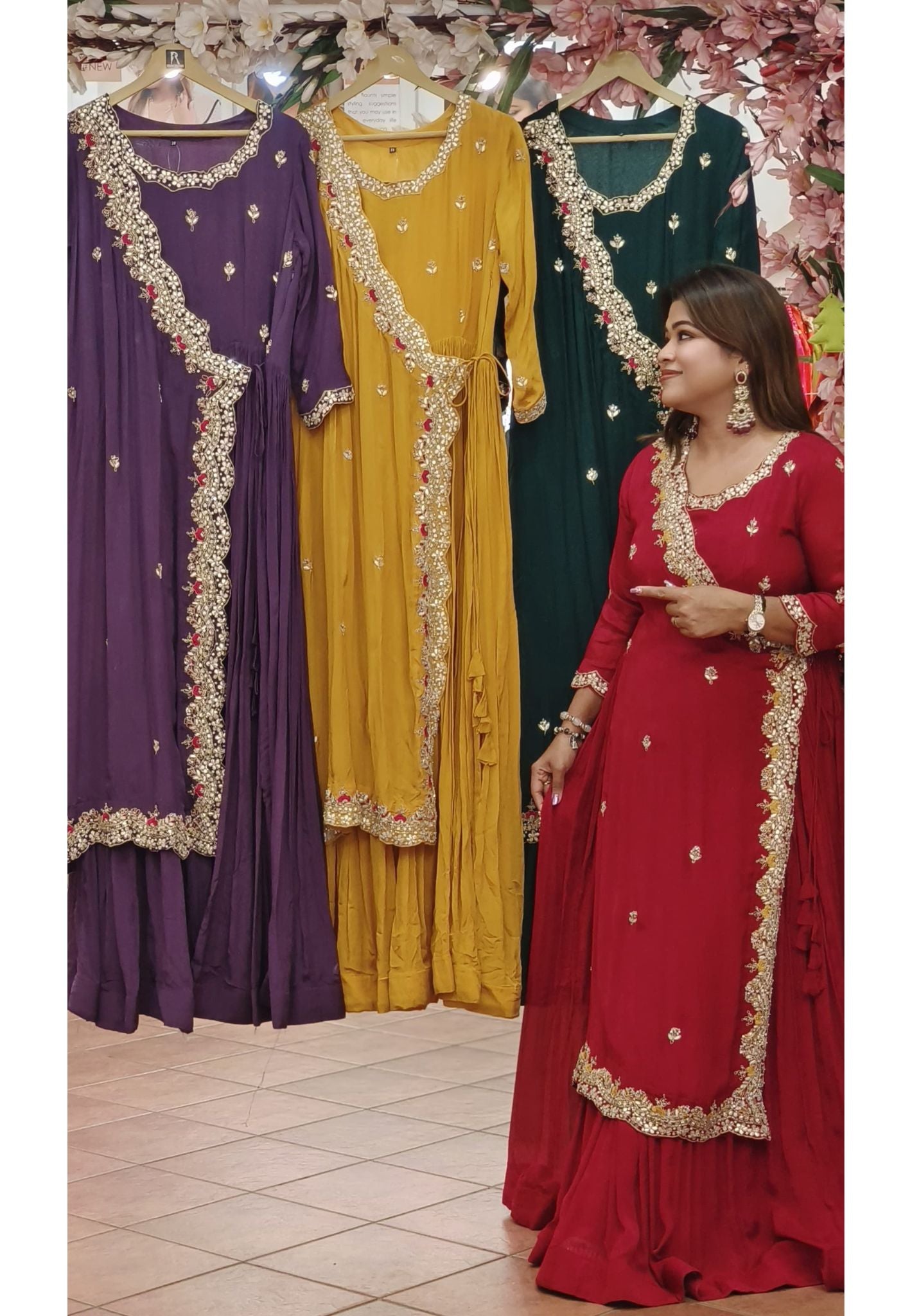 Designer Chinon Angrakha Pattern Zardosi hand embroidered Work Gown with flap style Gown