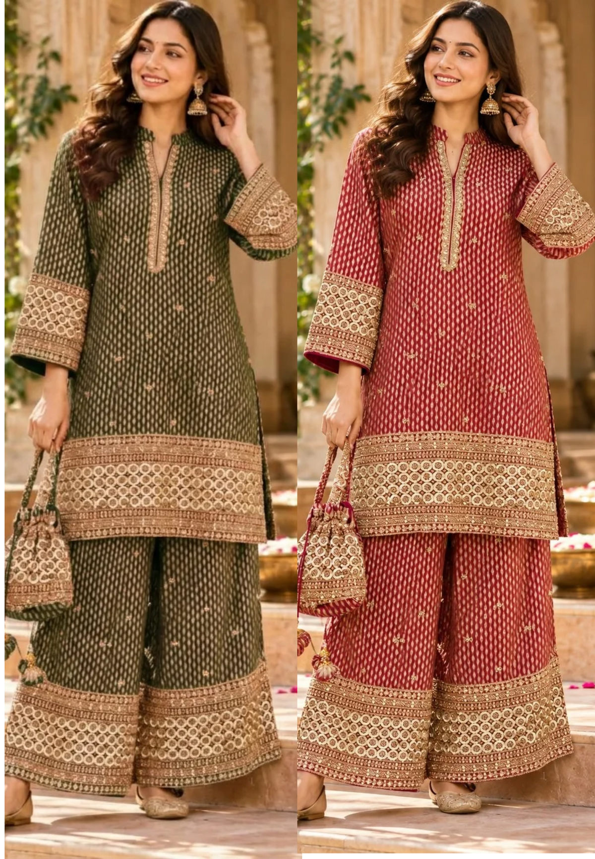 Crimson Sage Abstract Printed Short Kurta Set with Heavy Circle Lace Embroidered Borders & Flared Palazzo Pants-