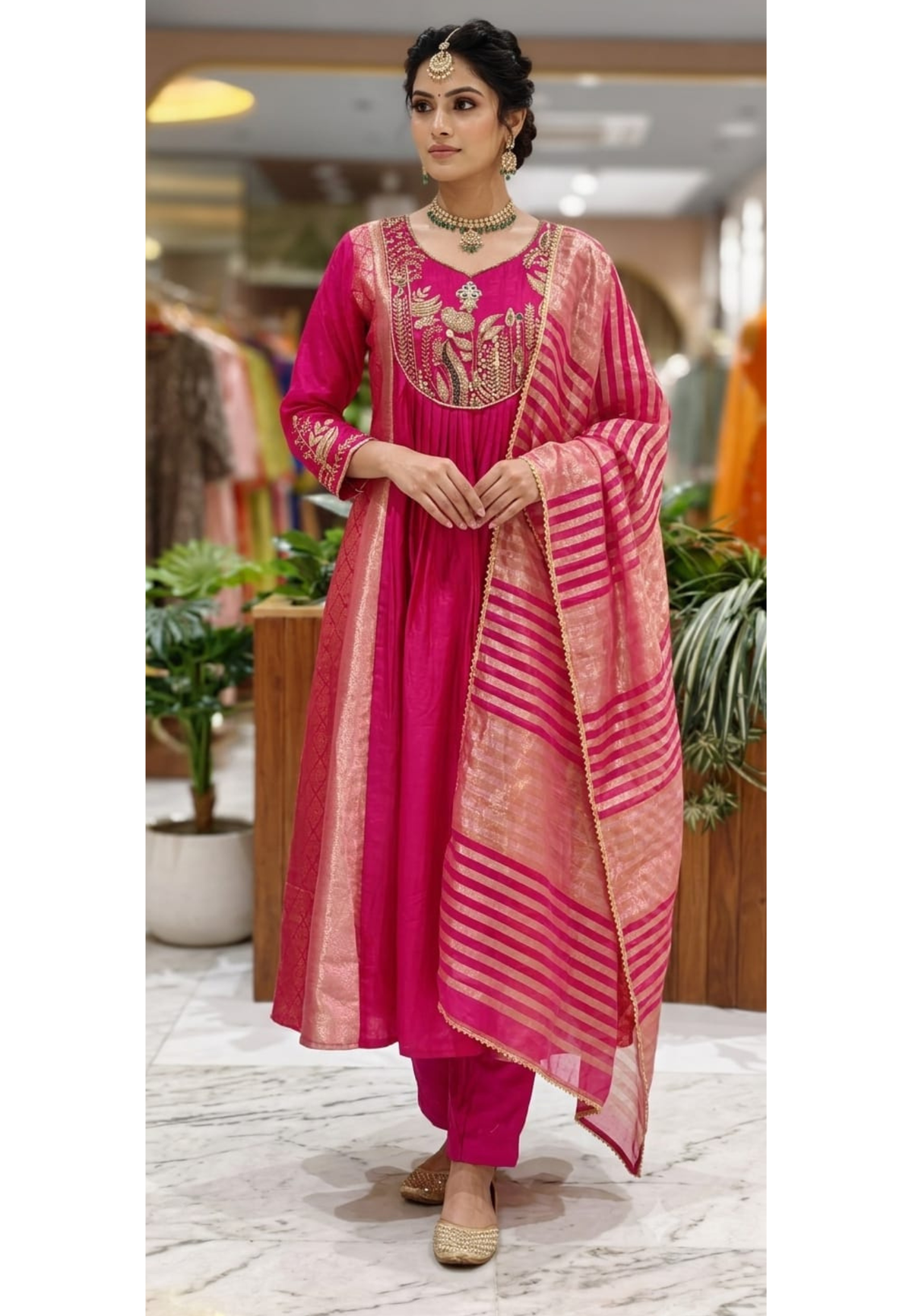 Fuchsia Festive Pleated Brocade Anarkali Full Suit Set With Heavy Zardosi Yoke Work- 15327